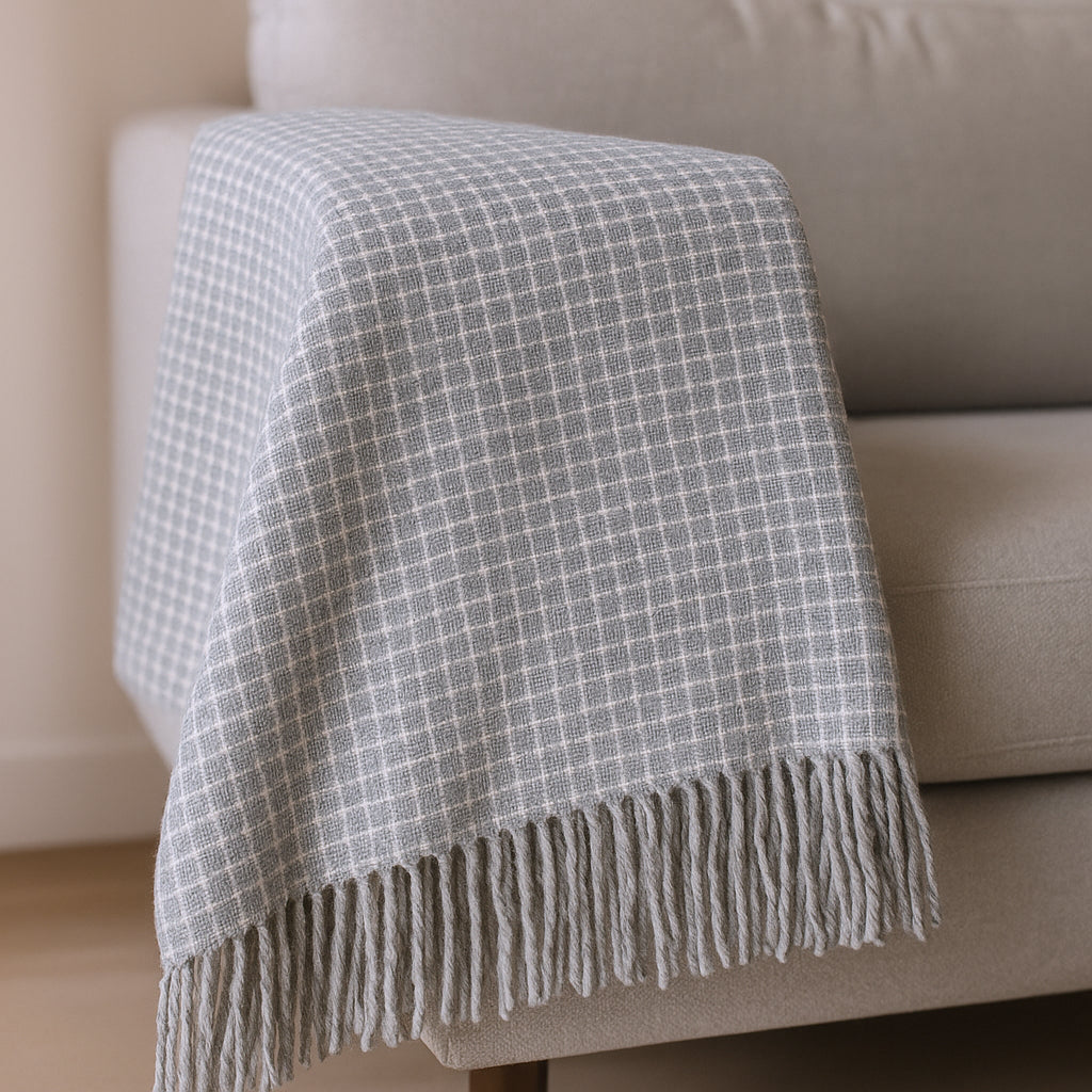 50" X 67" Light Gray And Cream Cotton Blend Woven Plaid Throw Blanket with Fringe-Throws & Blankets-DECOROLALA