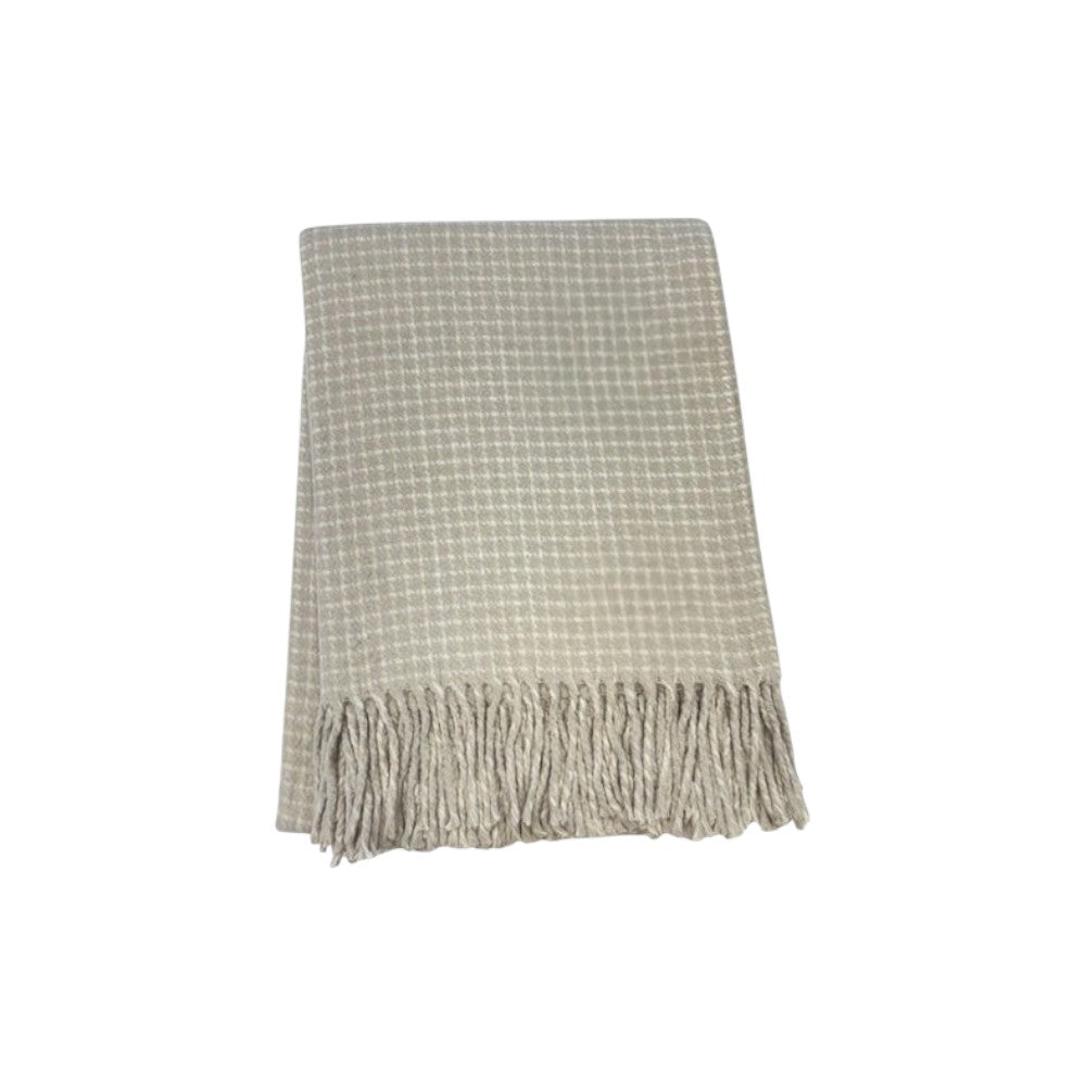 50" X 67" Sand And Cream Cotton Blend Woven Plaid Throw Blanket with Fringe-Throws & Blankets-DECOROLALA
