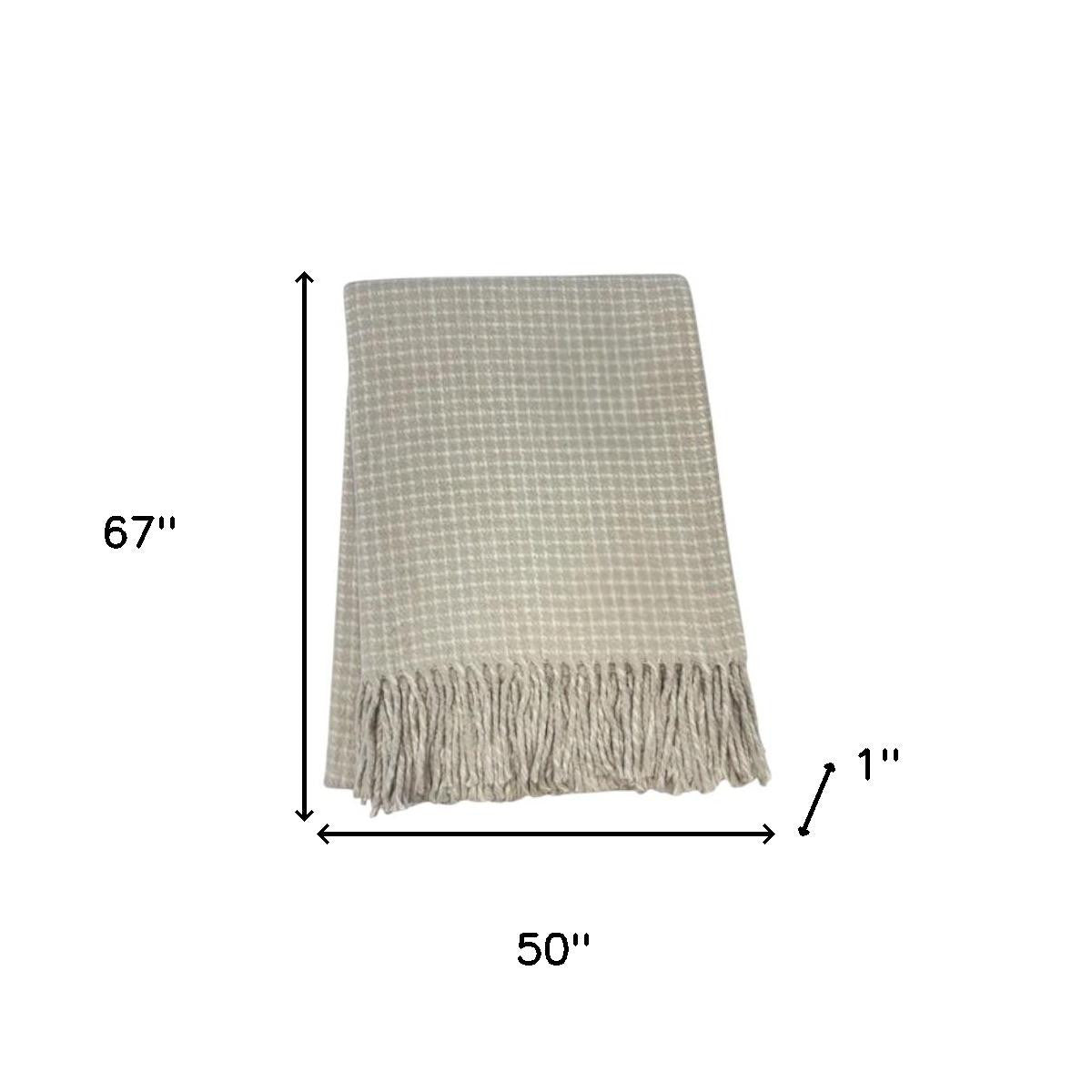 50" X 67" Sand And Cream Cotton Blend Woven Plaid Throw Blanket with Fringe-Throws & Blankets-DECOROLALA