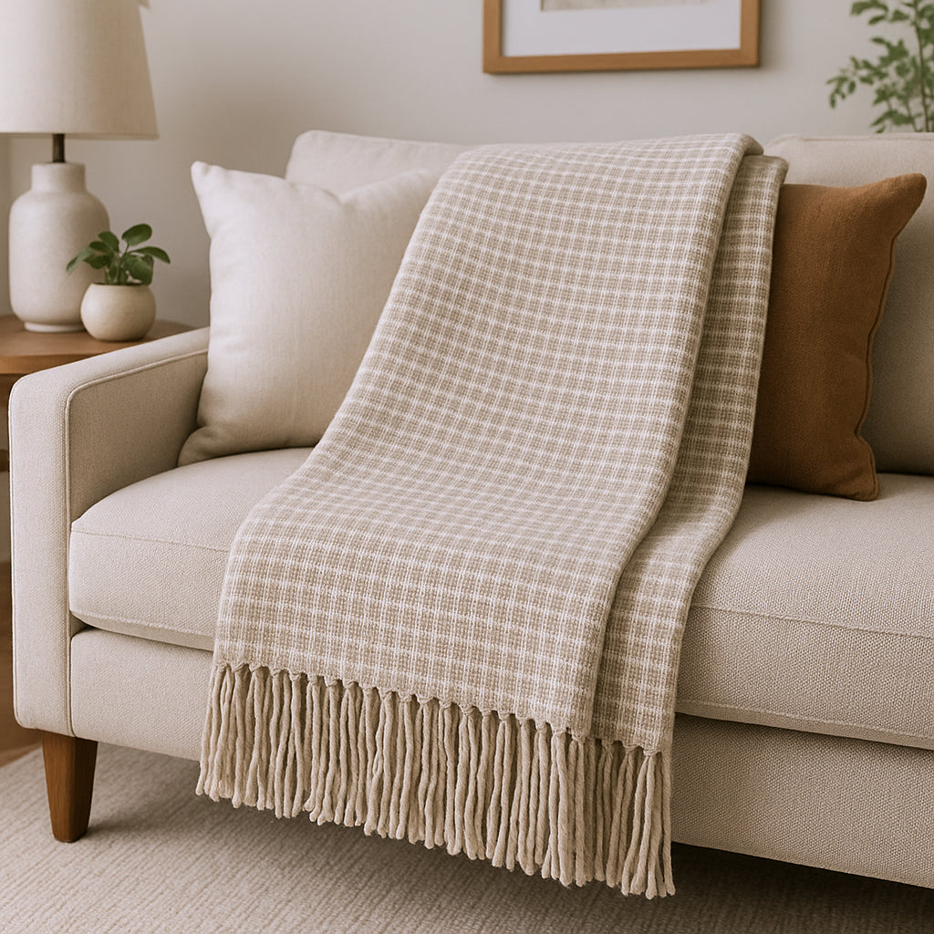 50" X 67" Sand And Cream Cotton Blend Woven Plaid Throw Blanket with Fringe-Throws & Blankets-DECOROLALA