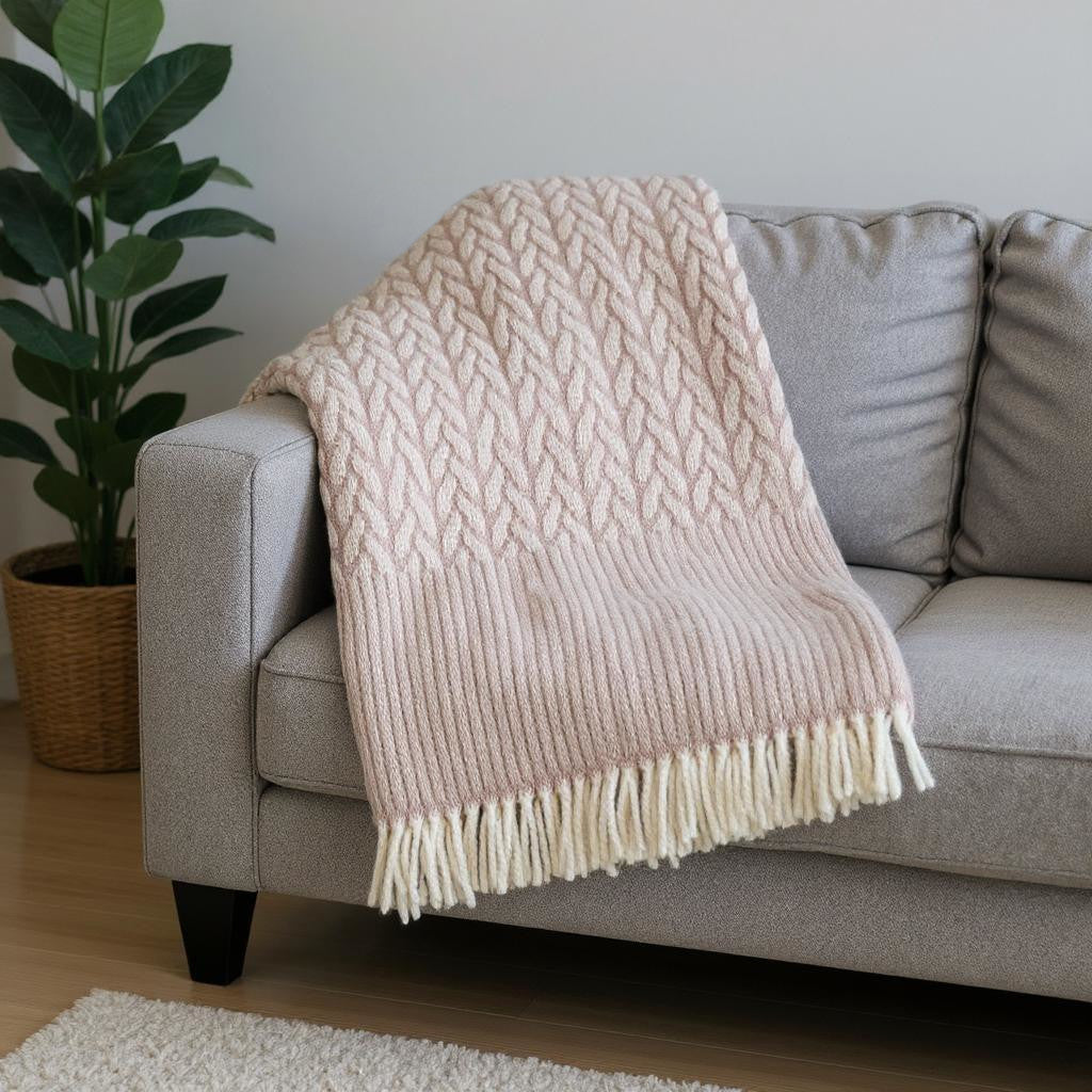 55" X 70" Dusty Rose Cotton Blend Woven Plush Throw Blanket with Fringe-Throws & Blankets-DECOROLALA