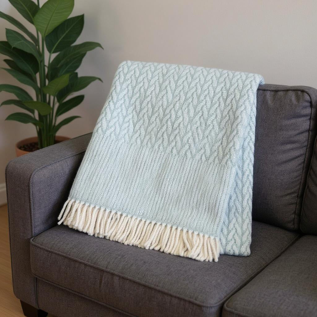 55" X 70" Sky Blue Cotton Blend Woven Plush Throw Blanket with Fringe-Throws & Blankets-DECOROLALA