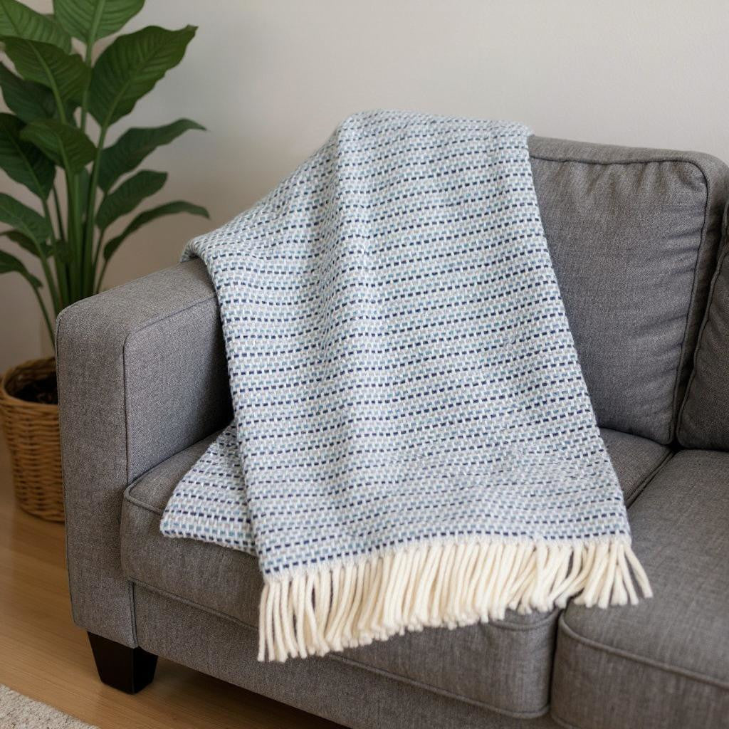 55" X 70" Denim Blue Cotton Blend Woven Plush Throw Blanket with Fringe-Throws & Blankets-DECOROLALA