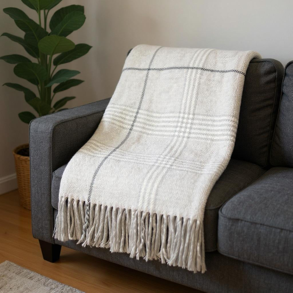 50" X 67" Sand And White Cotton Blend Woven Plaid Throw Blanket with Fringe-Throws & Blankets-DECOROLALA