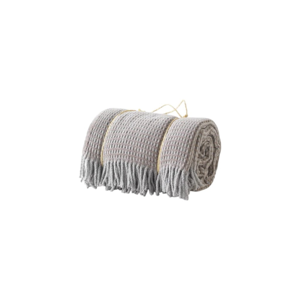 55" X 70" Taupe And Gray Cotton Blend Woven Checkered Plush Throw Blanket with Fringe-Throws & Blankets-DECOROLALA