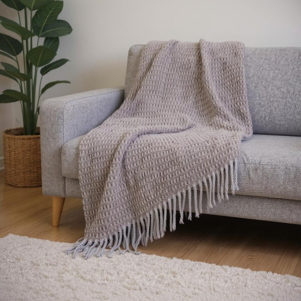 55" X 70" Taupe And Gray Cotton Blend Woven Checkered Plush Throw Blanket with Fringe-Throws & Blankets-DECOROLALA