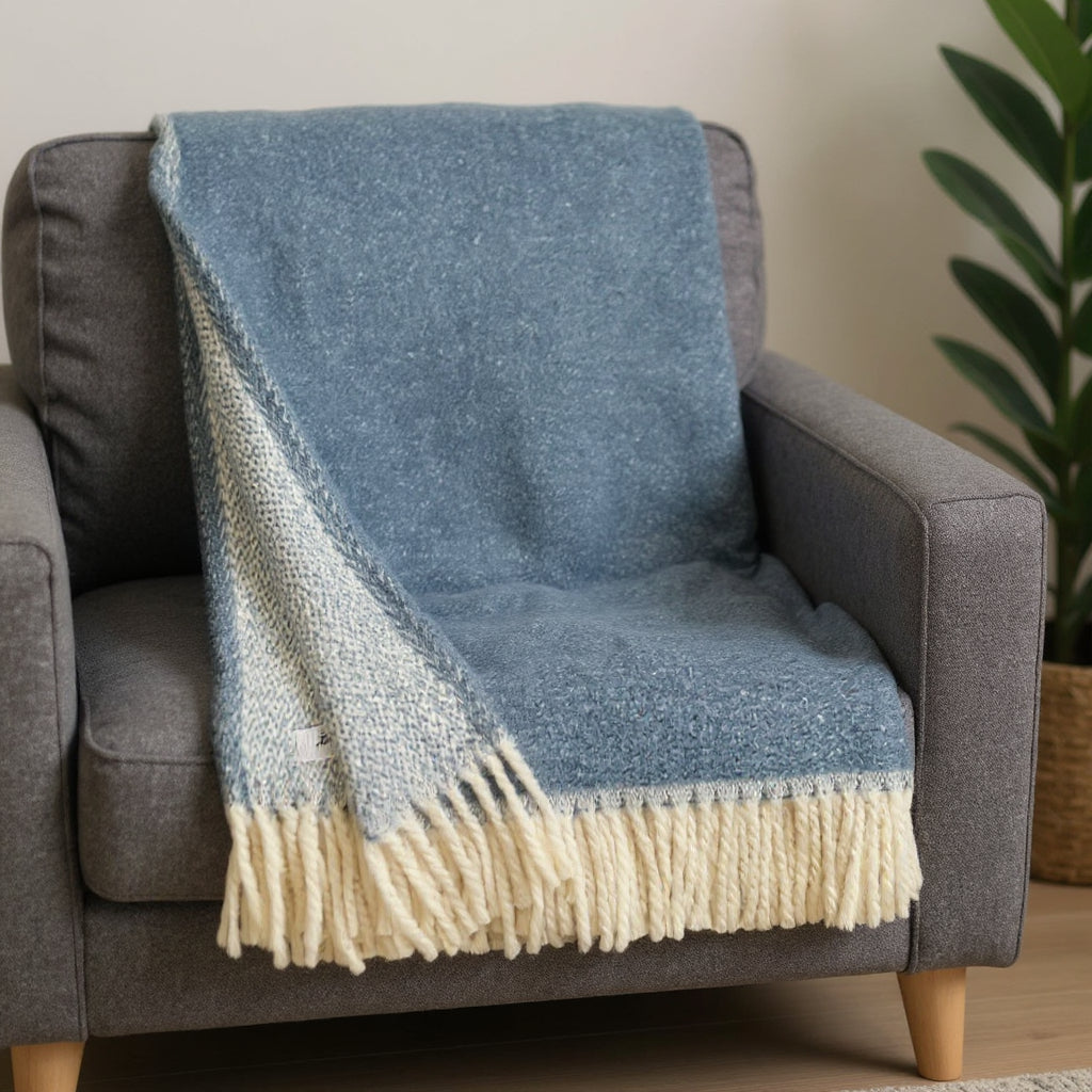 55" X 70" Slate Blue And White Cotton Blend Woven Chevron Plush Throw Blanket with Fringe-Throws & Blankets-DECOROLALA