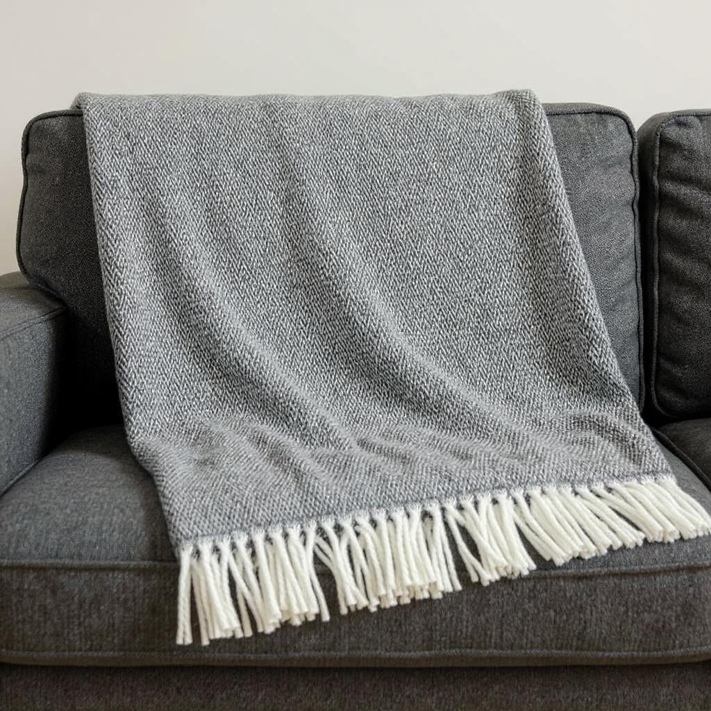 55" X 70" Dark Gray And White Cotton Blend Woven Herringbone Plush Throw Blanket with Fringe-Throws & Blankets-DECOROLALA