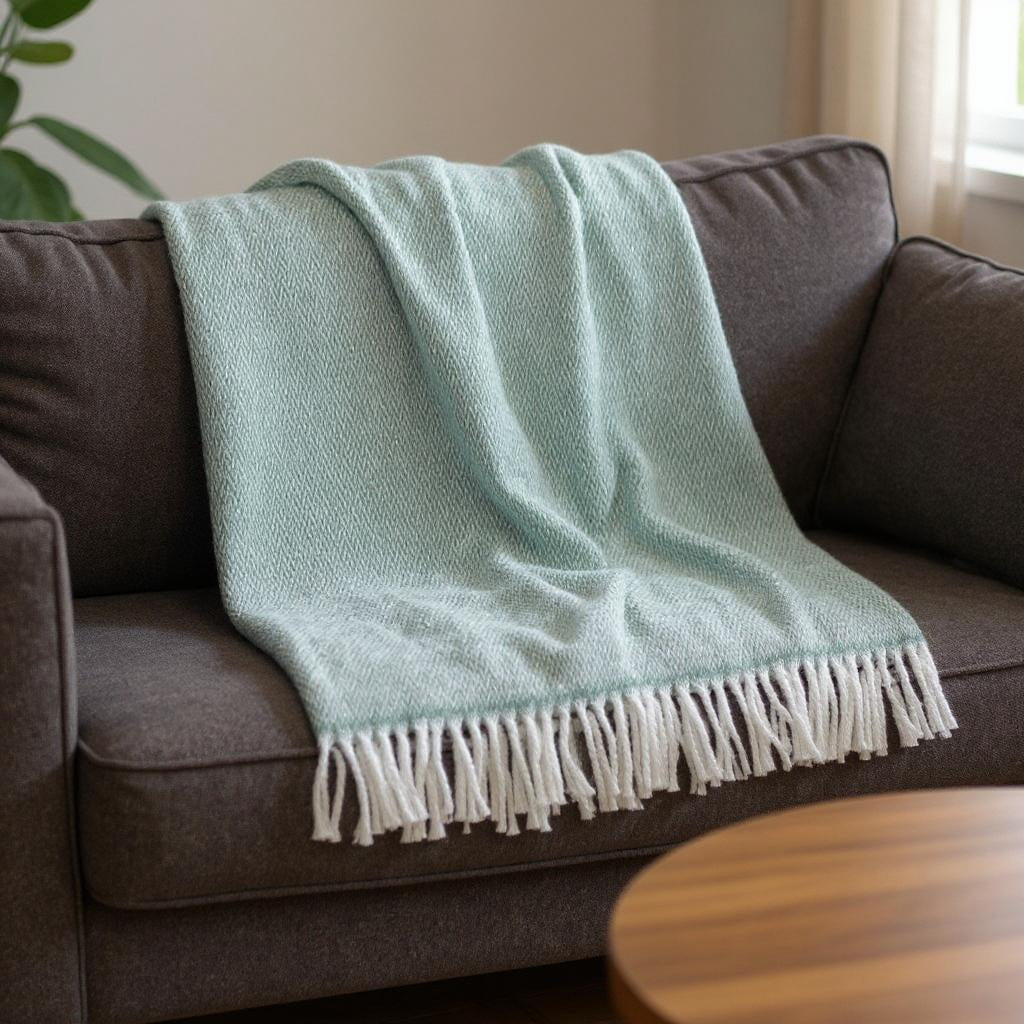 55" X 70" Sage And White Cotton Blend Woven Herringbone Plush Throw Blanket with Fringe-Throws & Blankets-DECOROLALA
