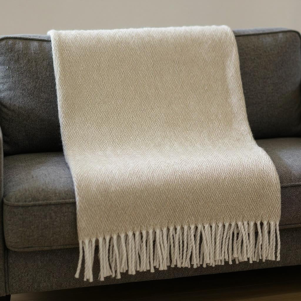 55" X 70" Stone And White Cotton Blend Woven Herringbone Plush Throw Blanket with Fringe-Throws & Blankets-DECOROLALA