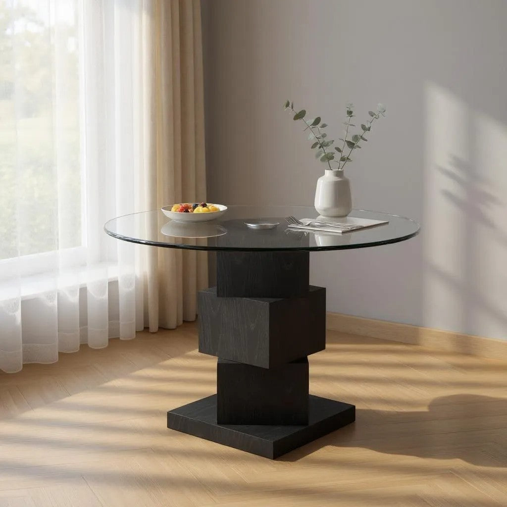 51" Clear and Black Glass and Solid Wood Pedestal Base Round Top Dining Table-Dining Tables-DECOROLALA