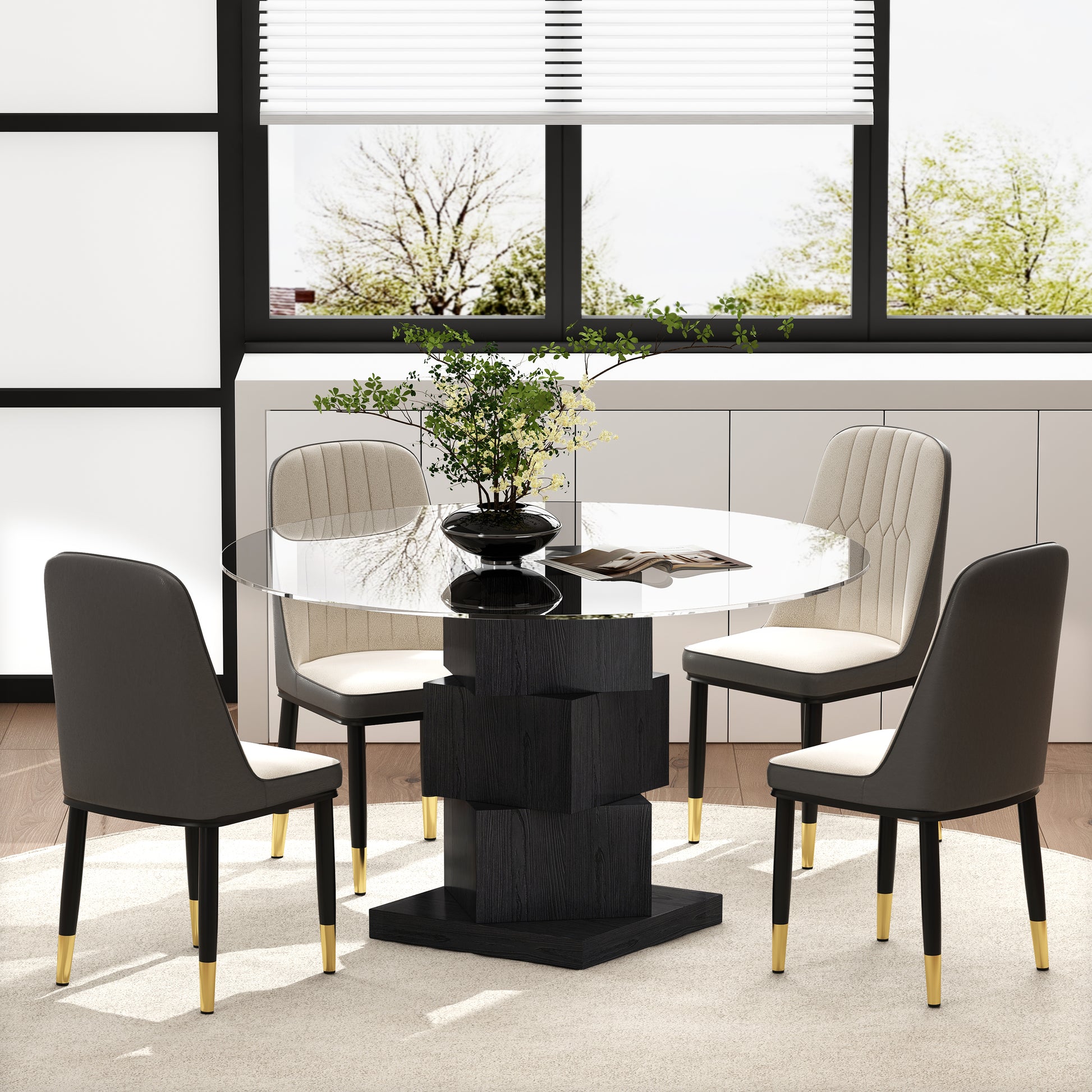 51" Clear and Black Glass and Solid Wood Pedestal Base Round Top Dining Table-Dining Tables-DECOROLALA