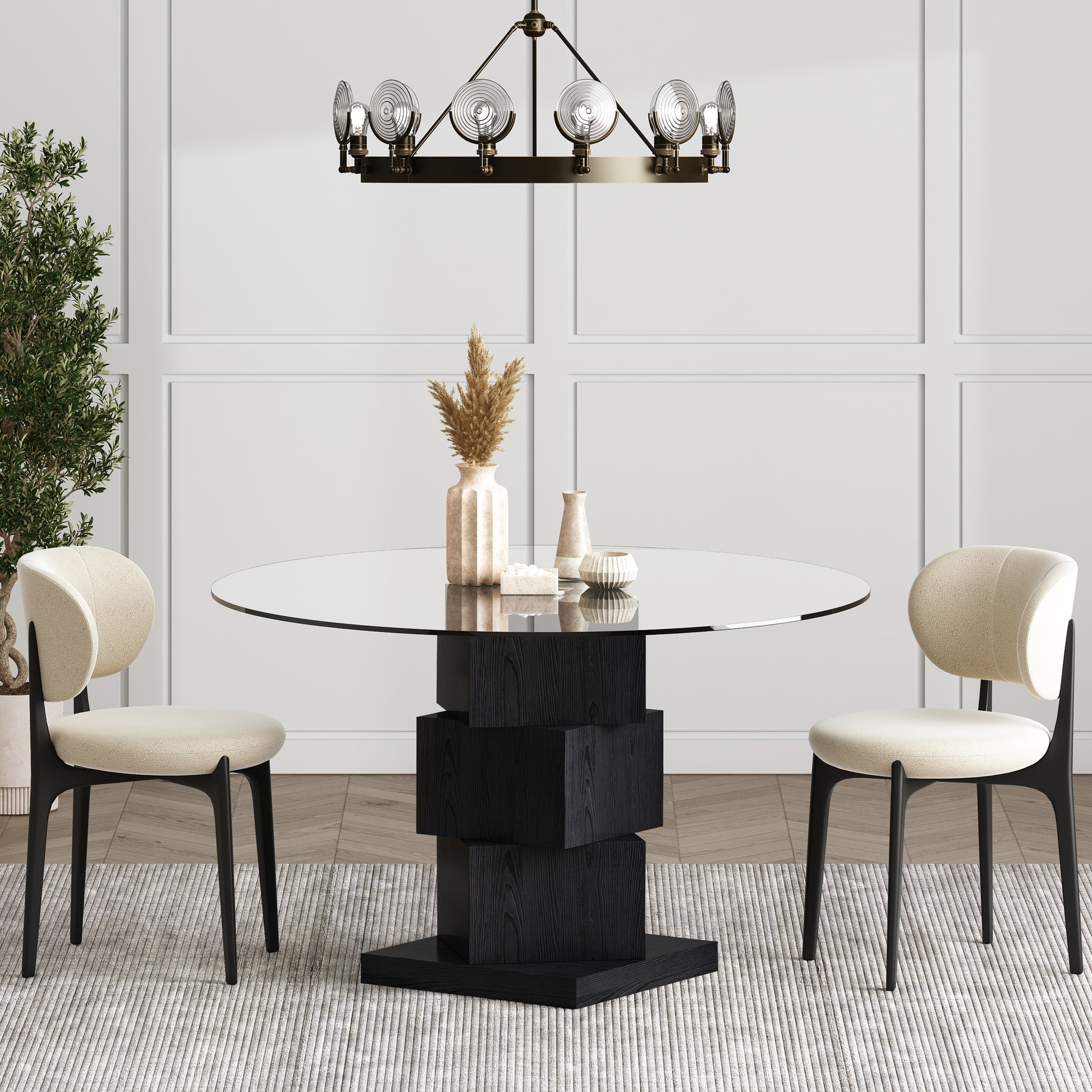 51" Clear and Black Glass and Solid Wood Pedestal Base Round Top Dining Table-Dining Tables-DECOROLALA