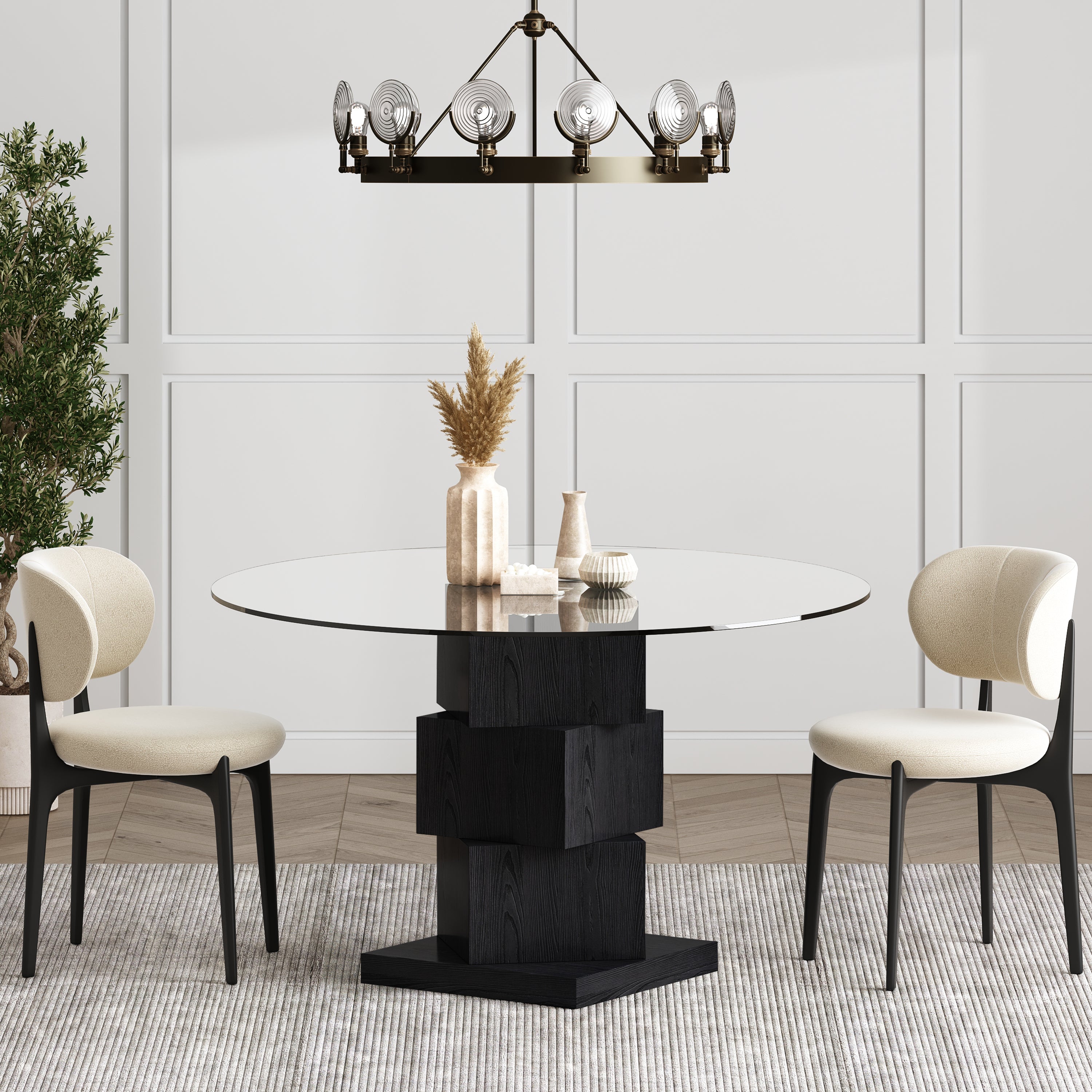 51" Clear and Black Glass and Solid Wood Pedestal Base Round Top Dining Table-Dining Tables-DECOROLALA