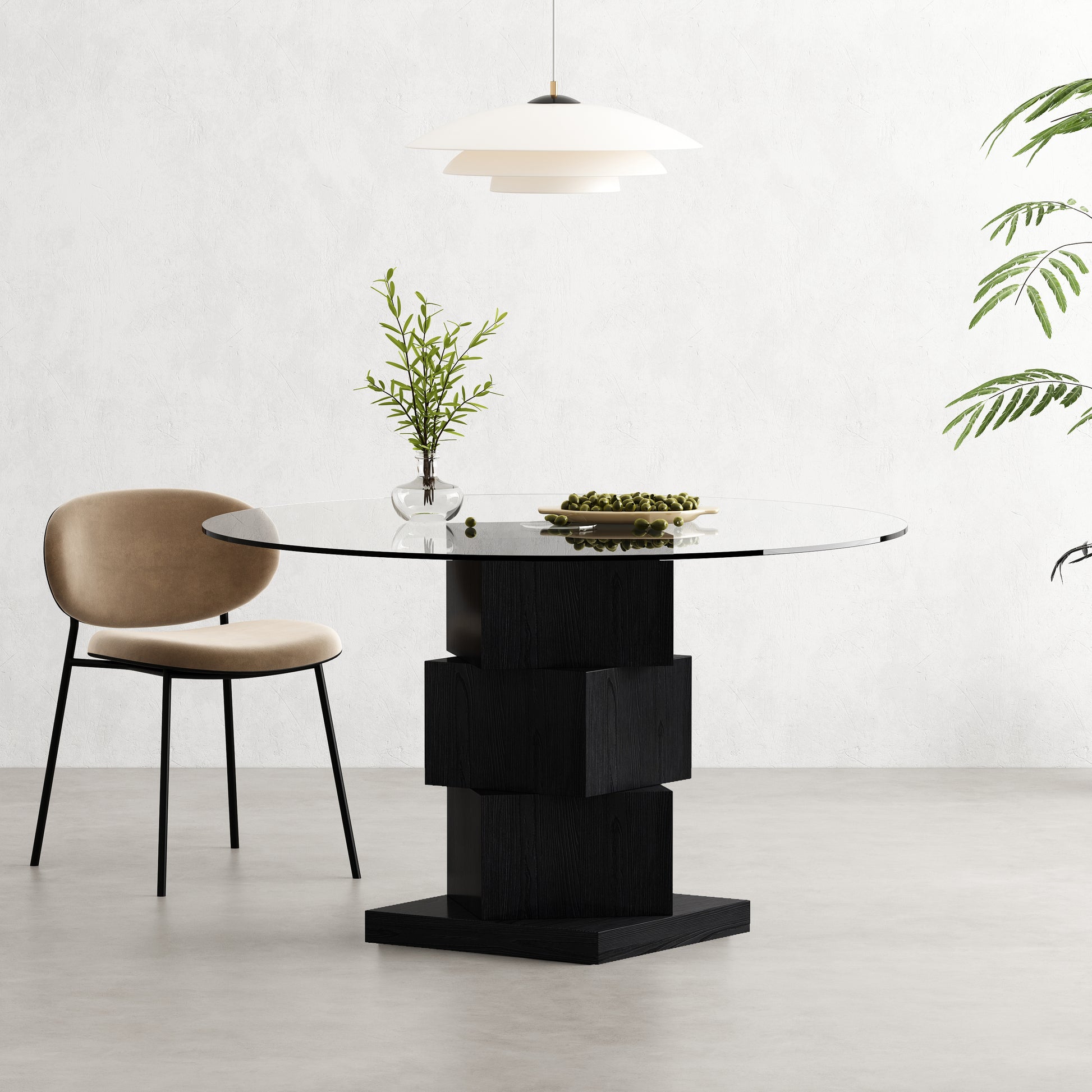51" Clear and Black Glass and Solid Wood Pedestal Base Round Top Dining Table-Dining Tables-DECOROLALA