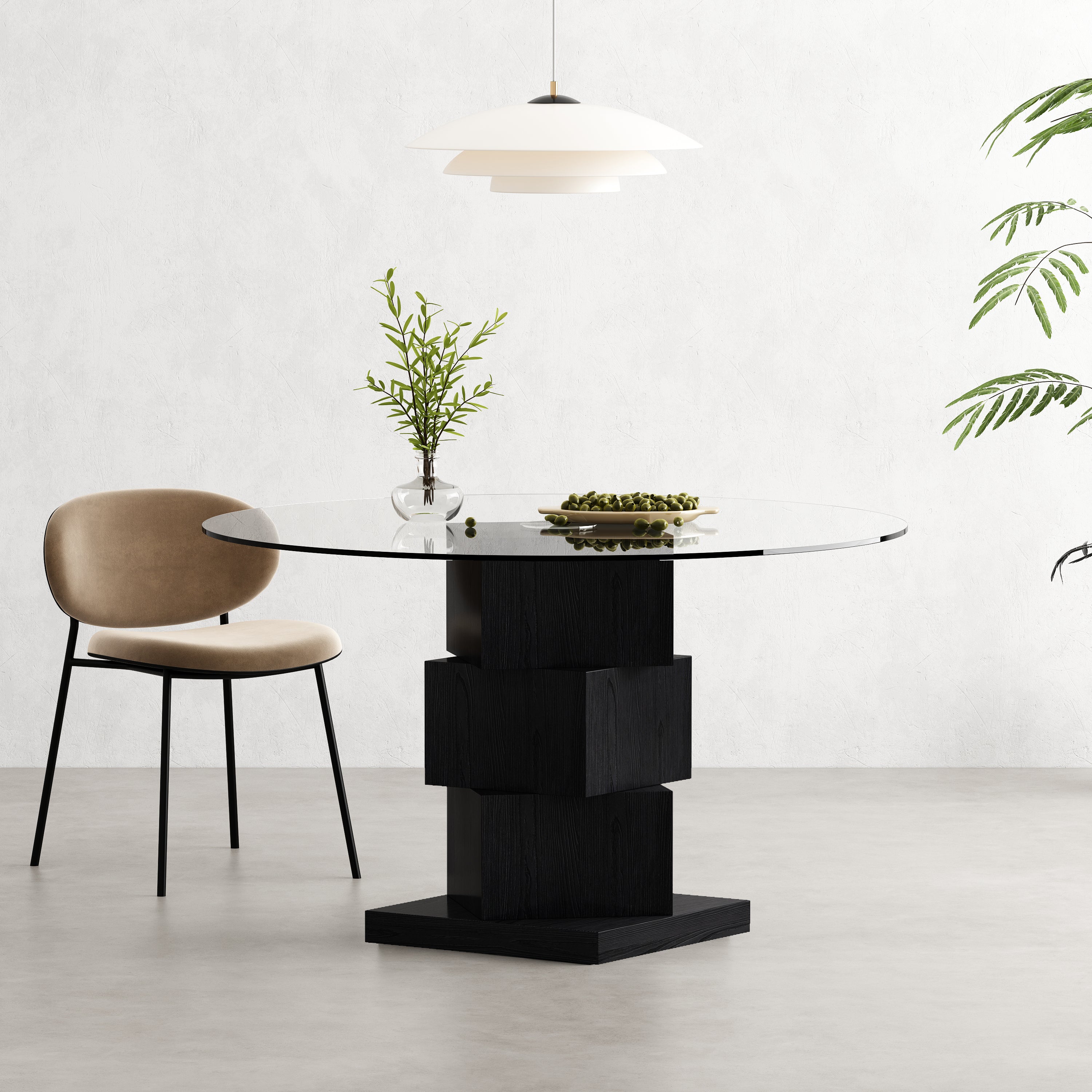 51" Clear and Black Glass and Solid Wood Pedestal Base Round Top Dining Table-Dining Tables-DECOROLALA