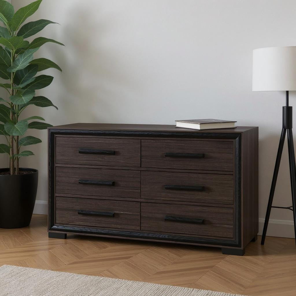 60" Brown Wood Six Drawer Double Dresser-Dressers-DECOROLALA