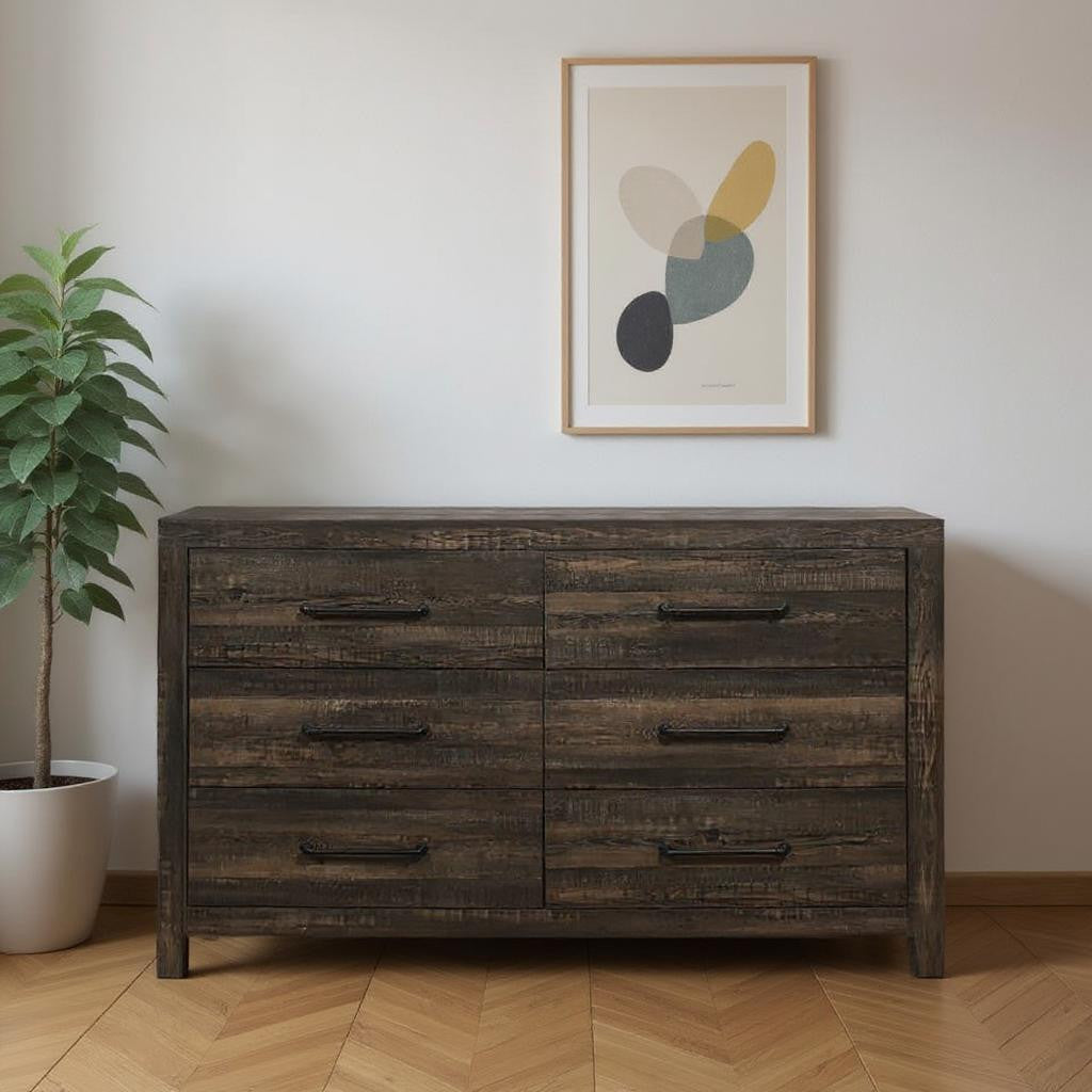 58" Oak Wood Six Drawer Dresser-Dressers-DECOROLALA