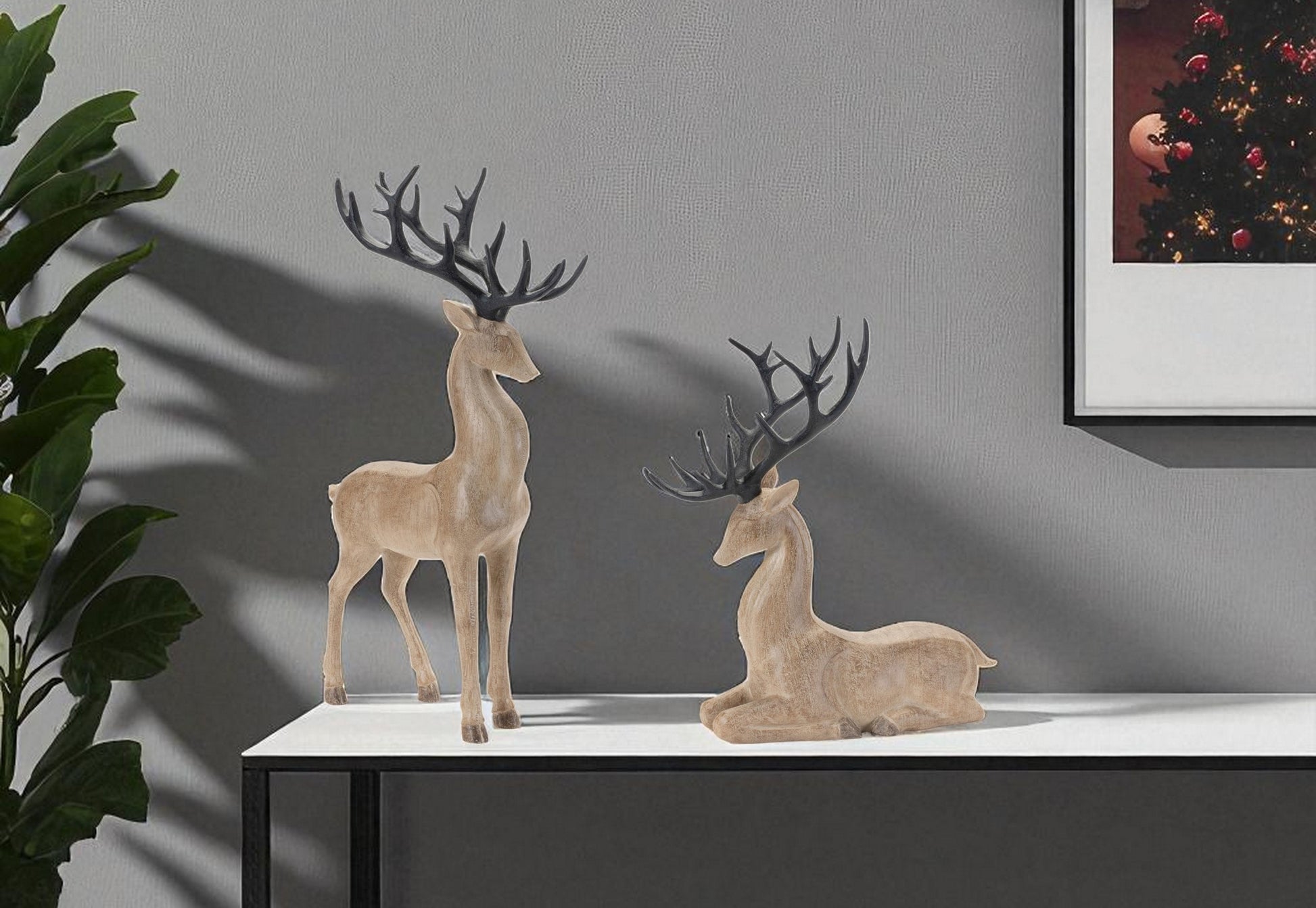Set of Two Brown And Black Polyresin Deer Figurine-0
