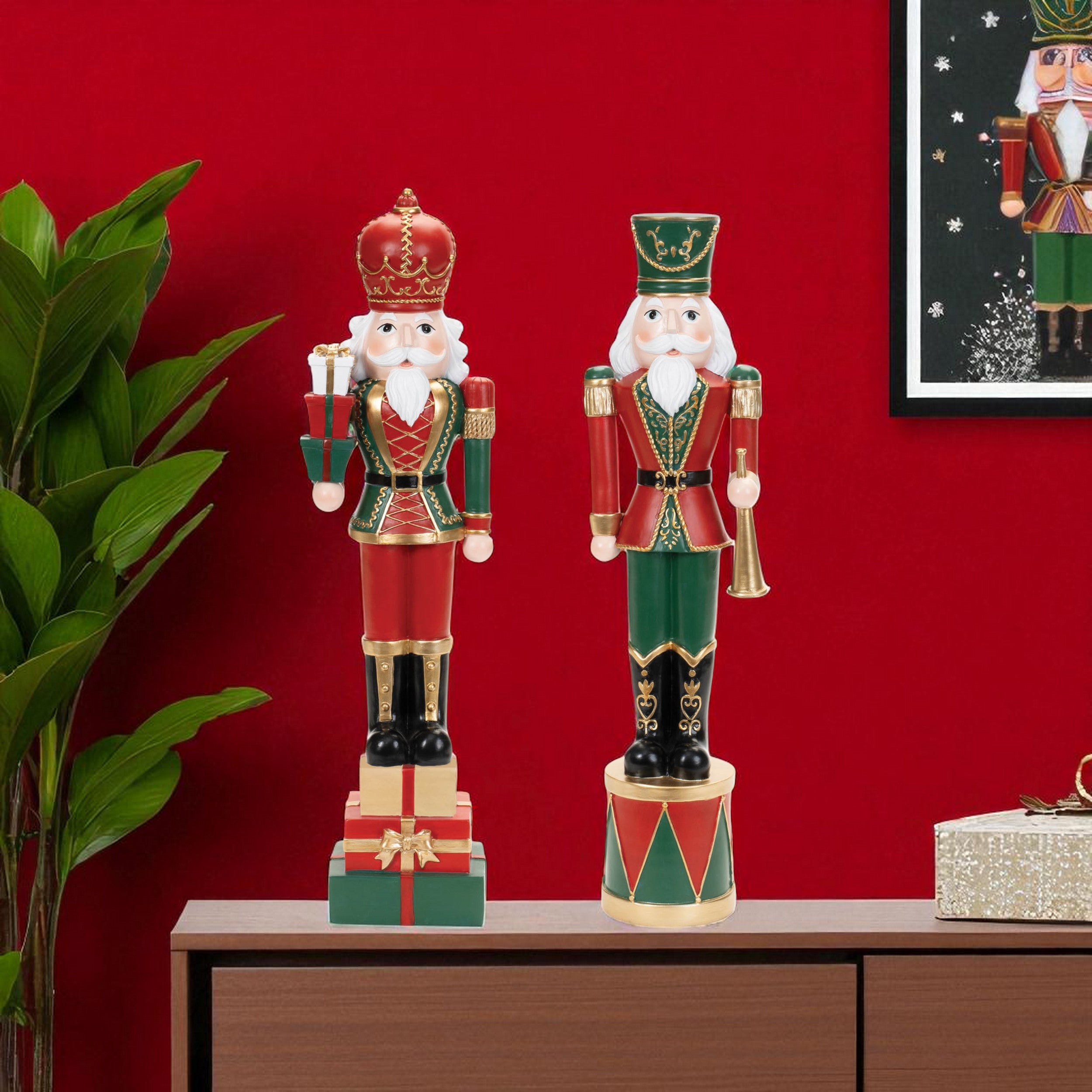 Set of Two Red Green And Black Polyresin Tabletop Sculpture-0
