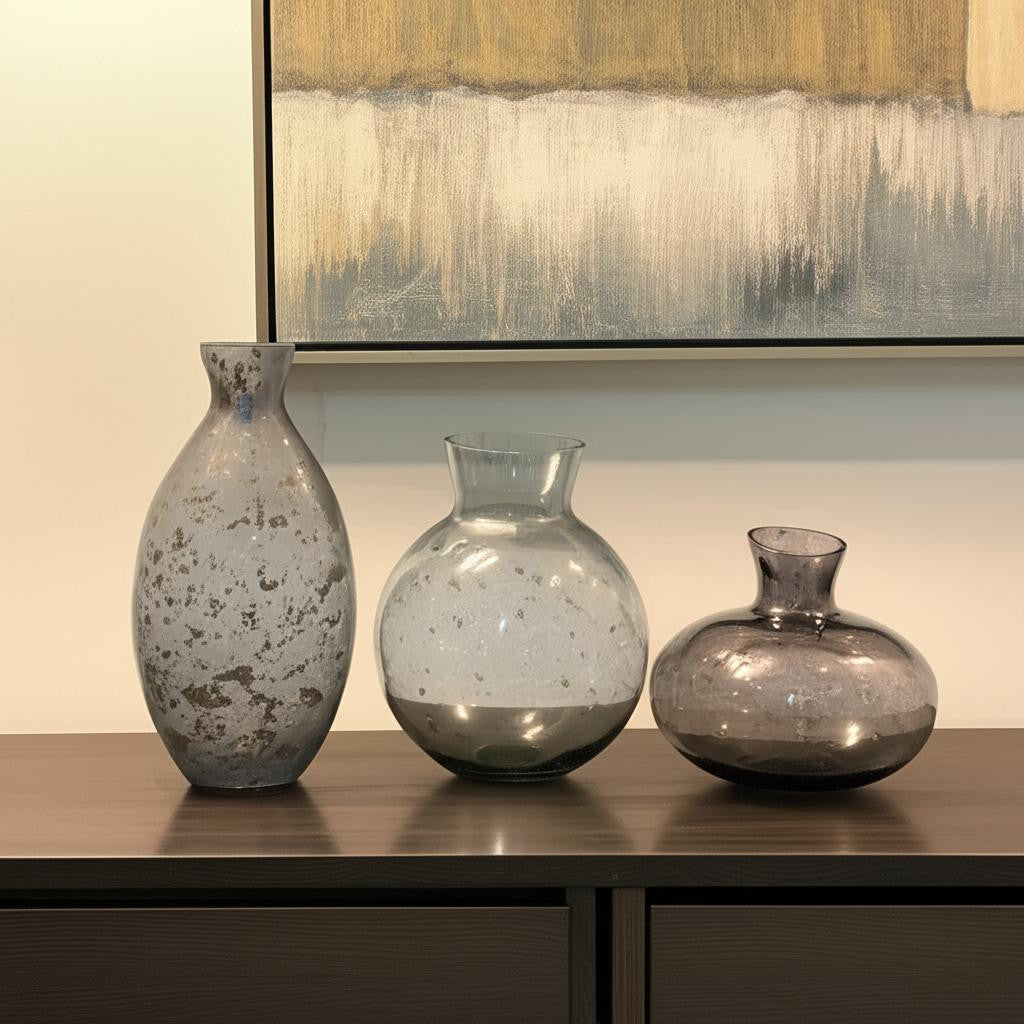 Set of Three Blue And Gray Seeded Glass Table Vases-Vases-DECOROLALA