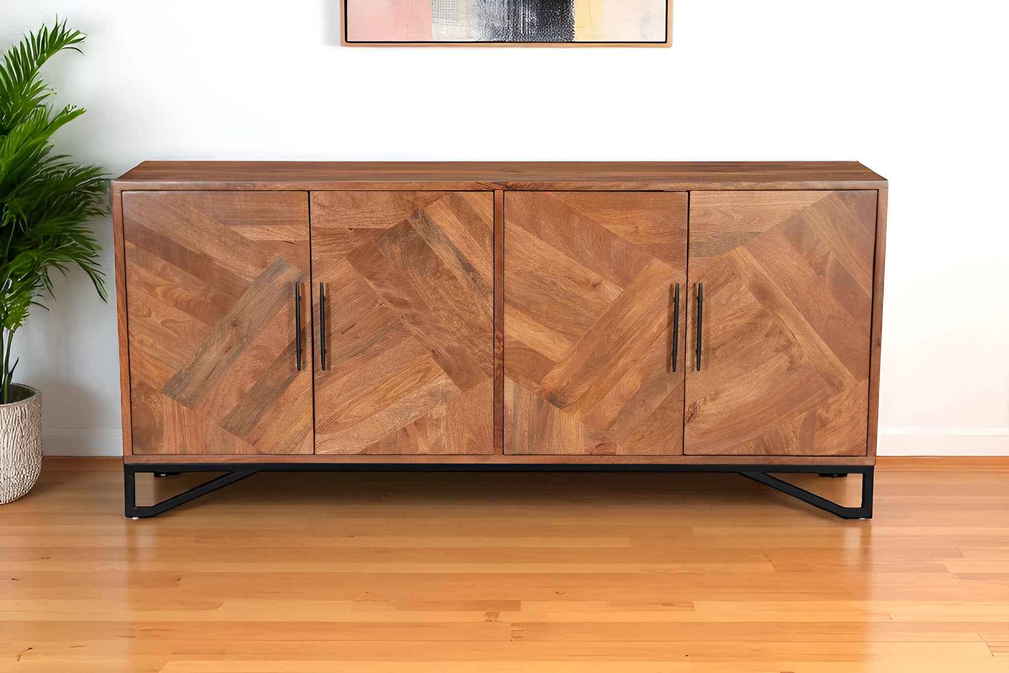 82" Brown Solid Wood Carved Geometric Sideboard with Four Doors-Sideboards-DECOROLALA