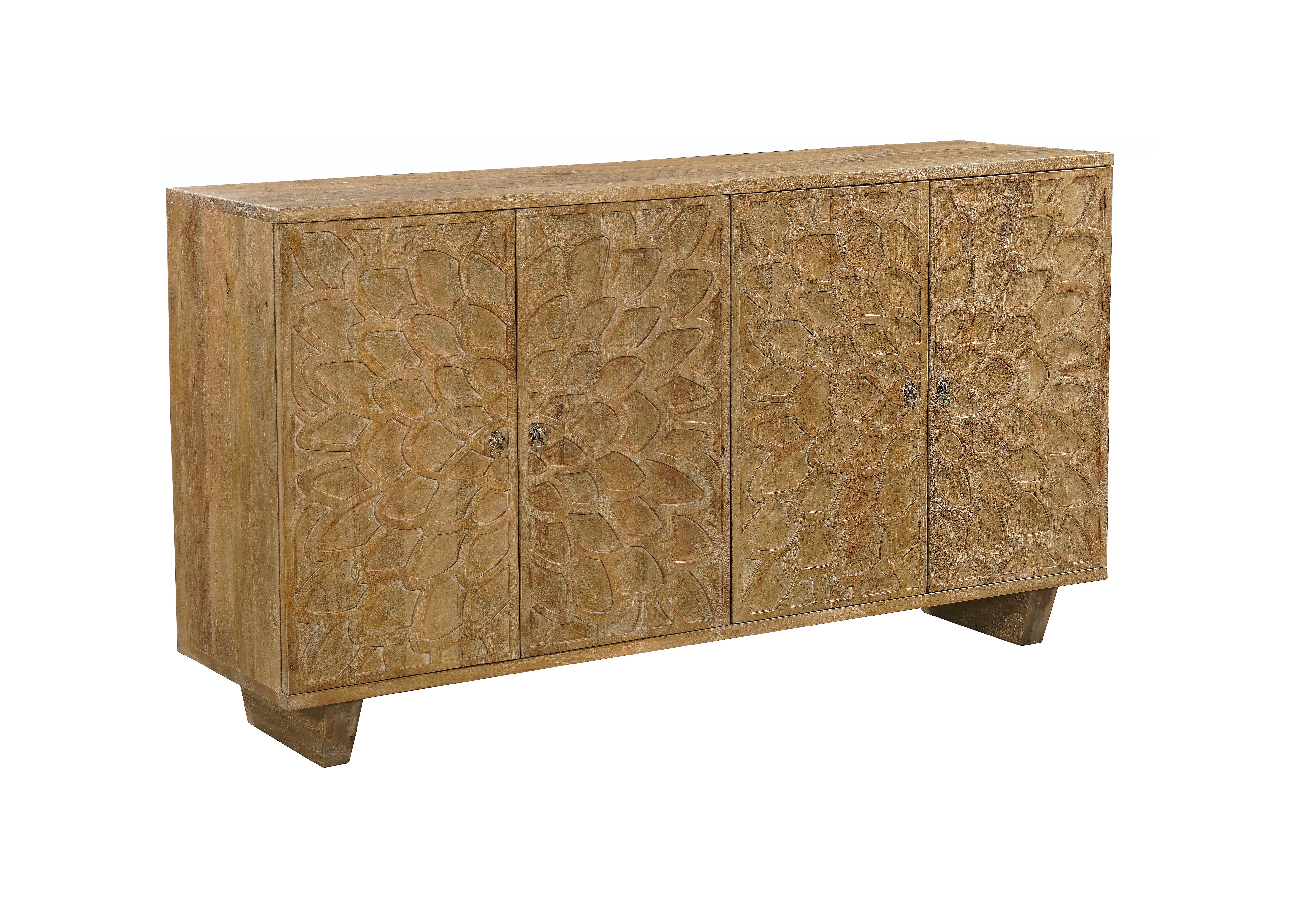 70" Brown Distressed Solid Wood Carved Floral Sideboard with Four Doors-Sideboards-DECOROLALA