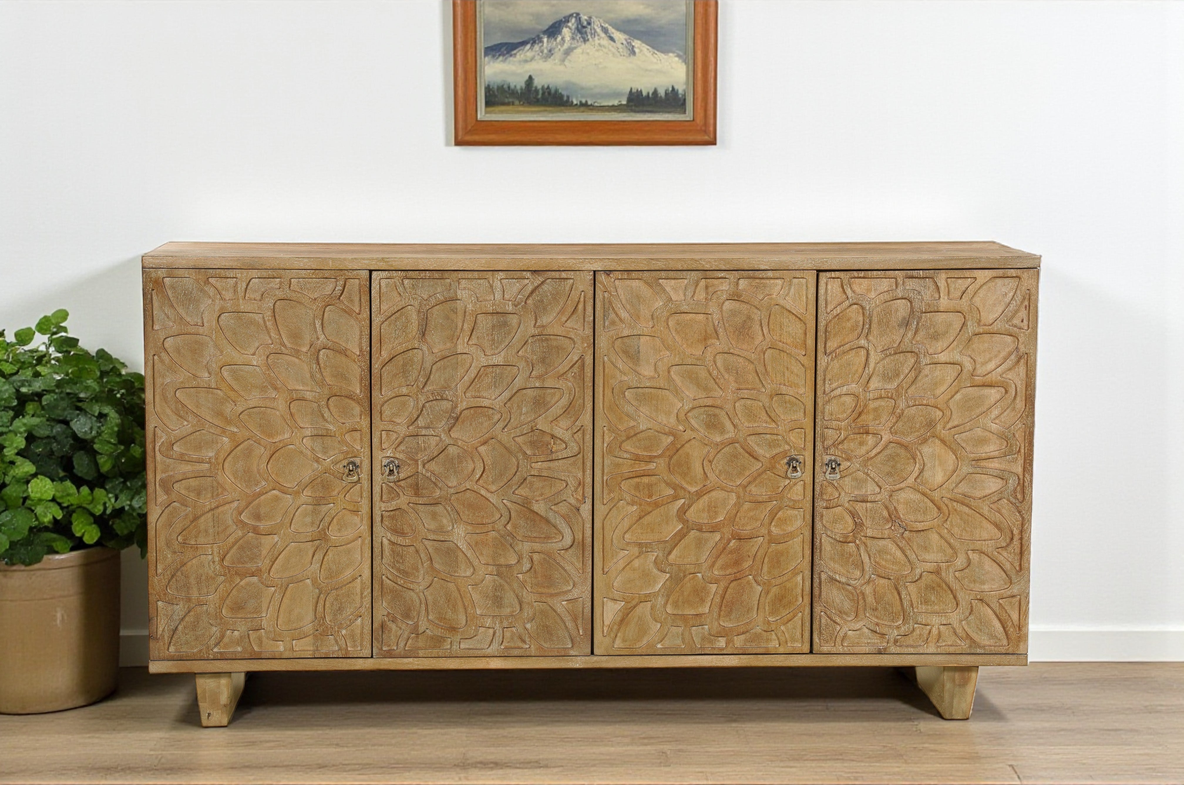 70" Brown Distressed Solid Wood Carved Floral Sideboard with Four Doors-Sideboards-DECOROLALA