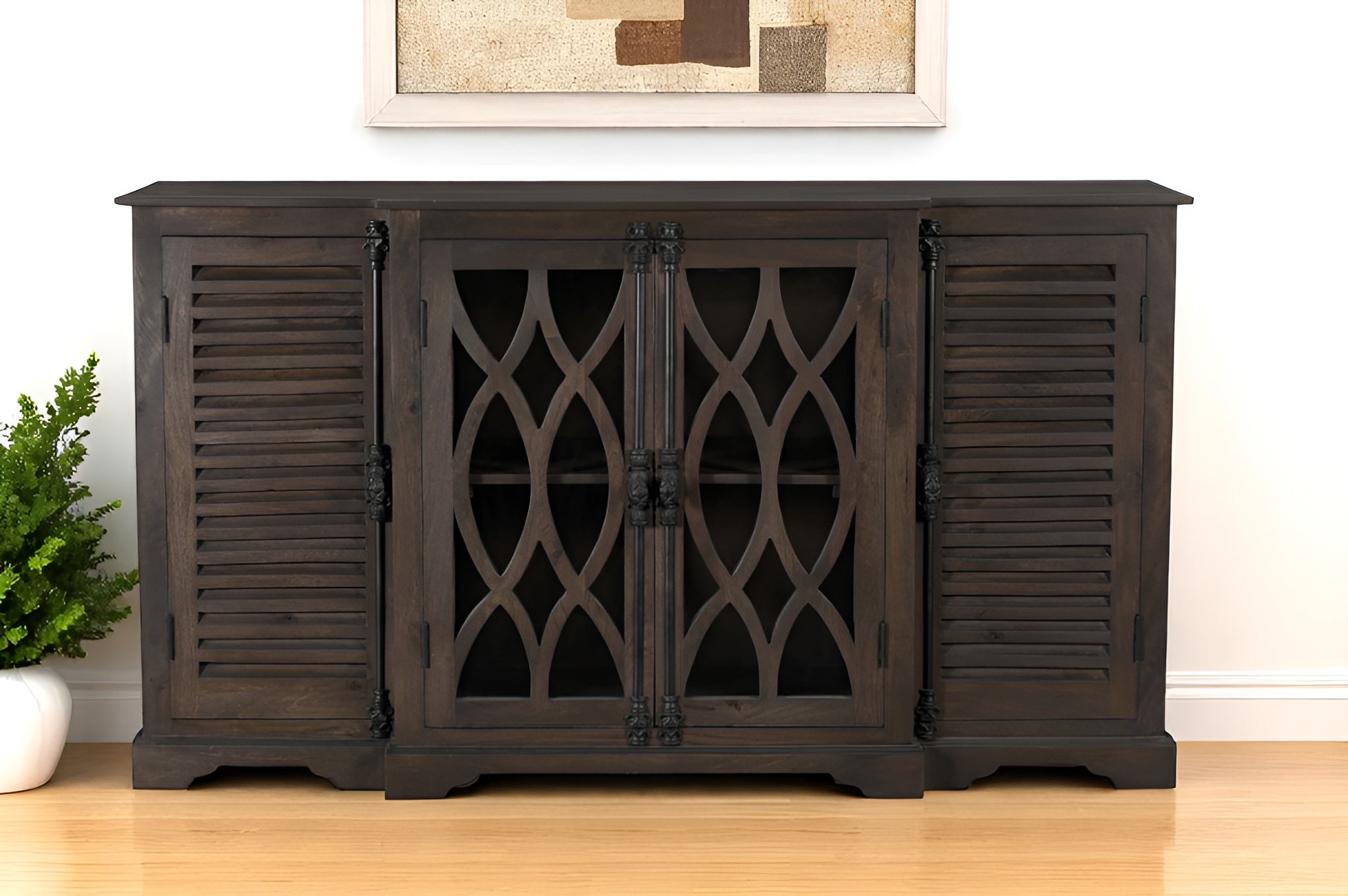 70" Dark Brown Solid Wood Carved Geometric Sideboard with Four Doors-Sideboards-DECOROLALA