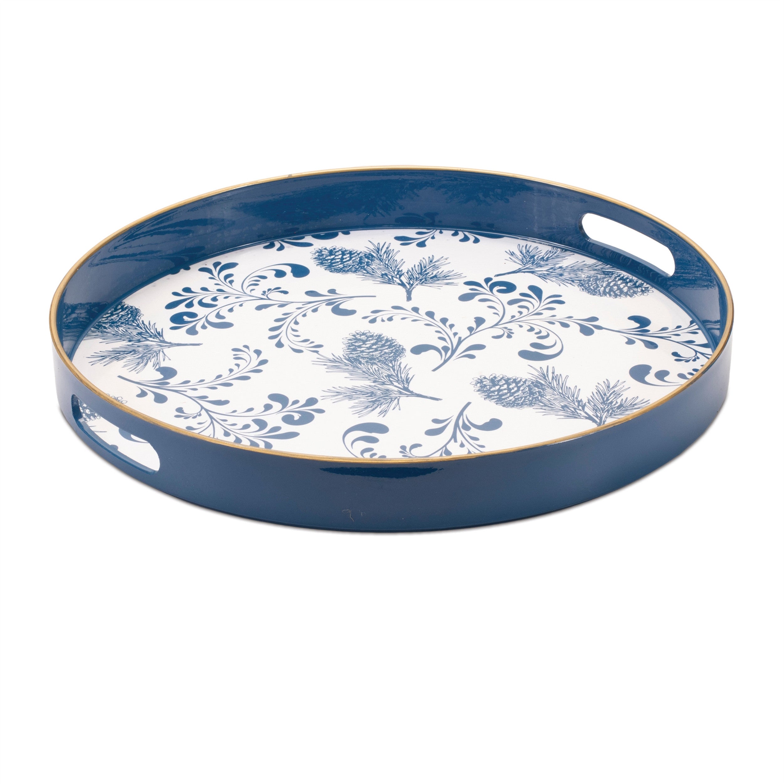 14" Blue White And Gold Pinecone Round Serving Tray-3