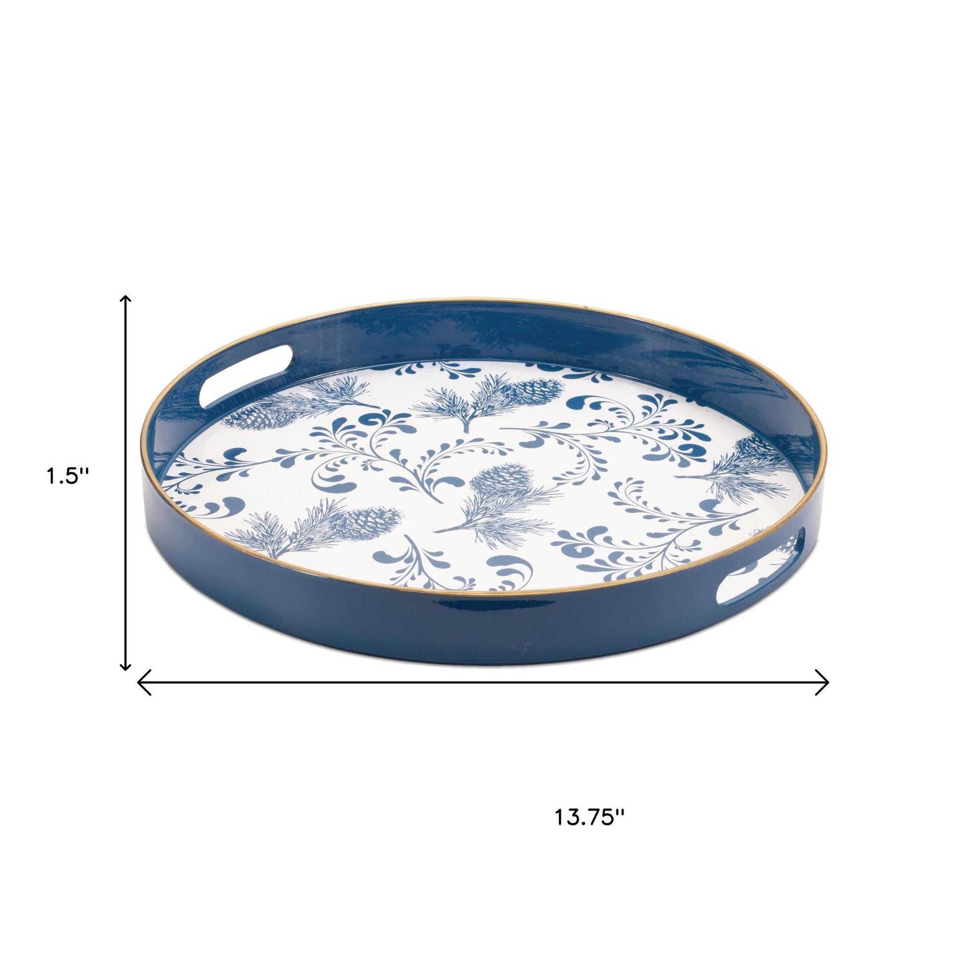 14" Blue White And Gold Pinecone Round Serving Tray-4