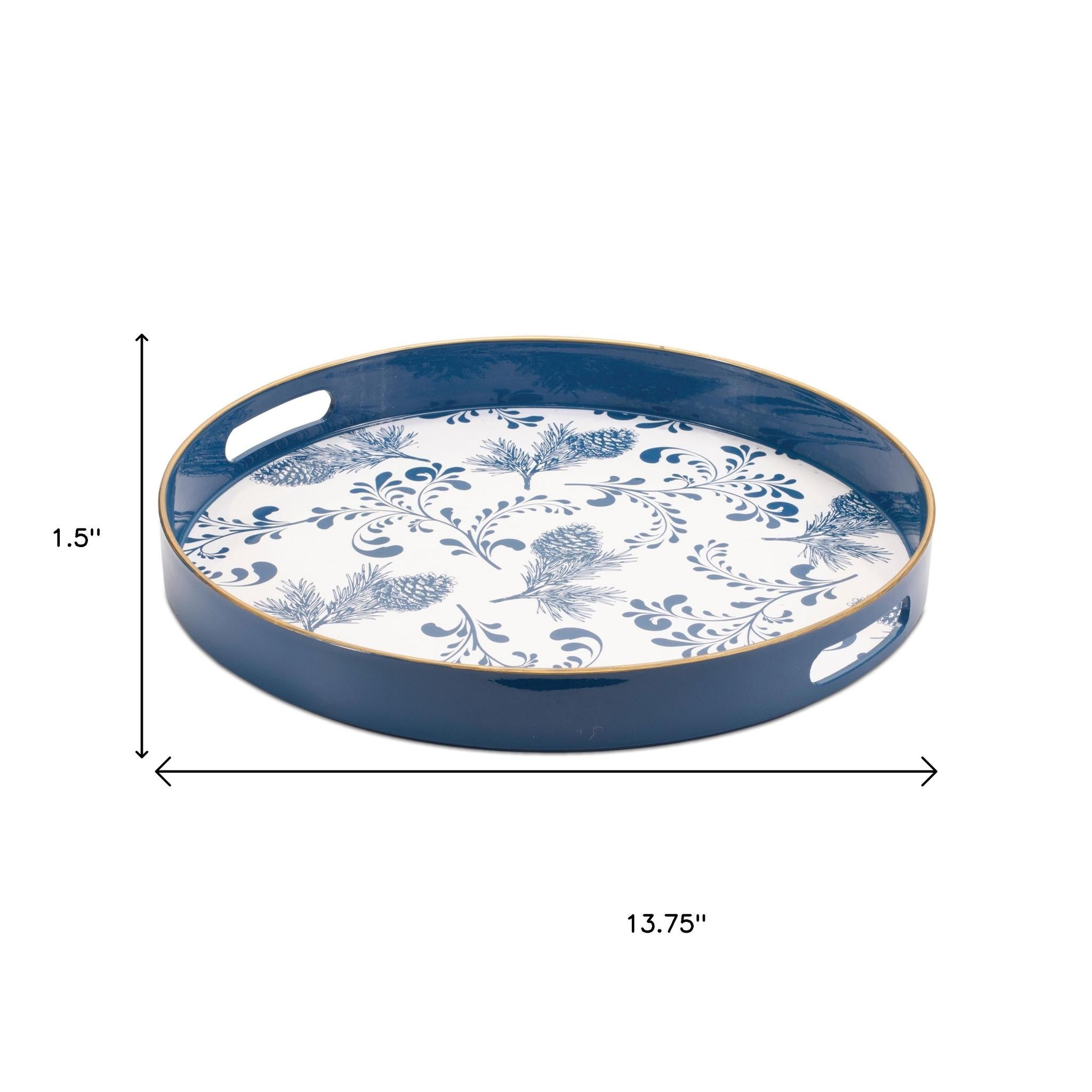 14" Blue White And Gold Pinecone Round Serving Tray-4