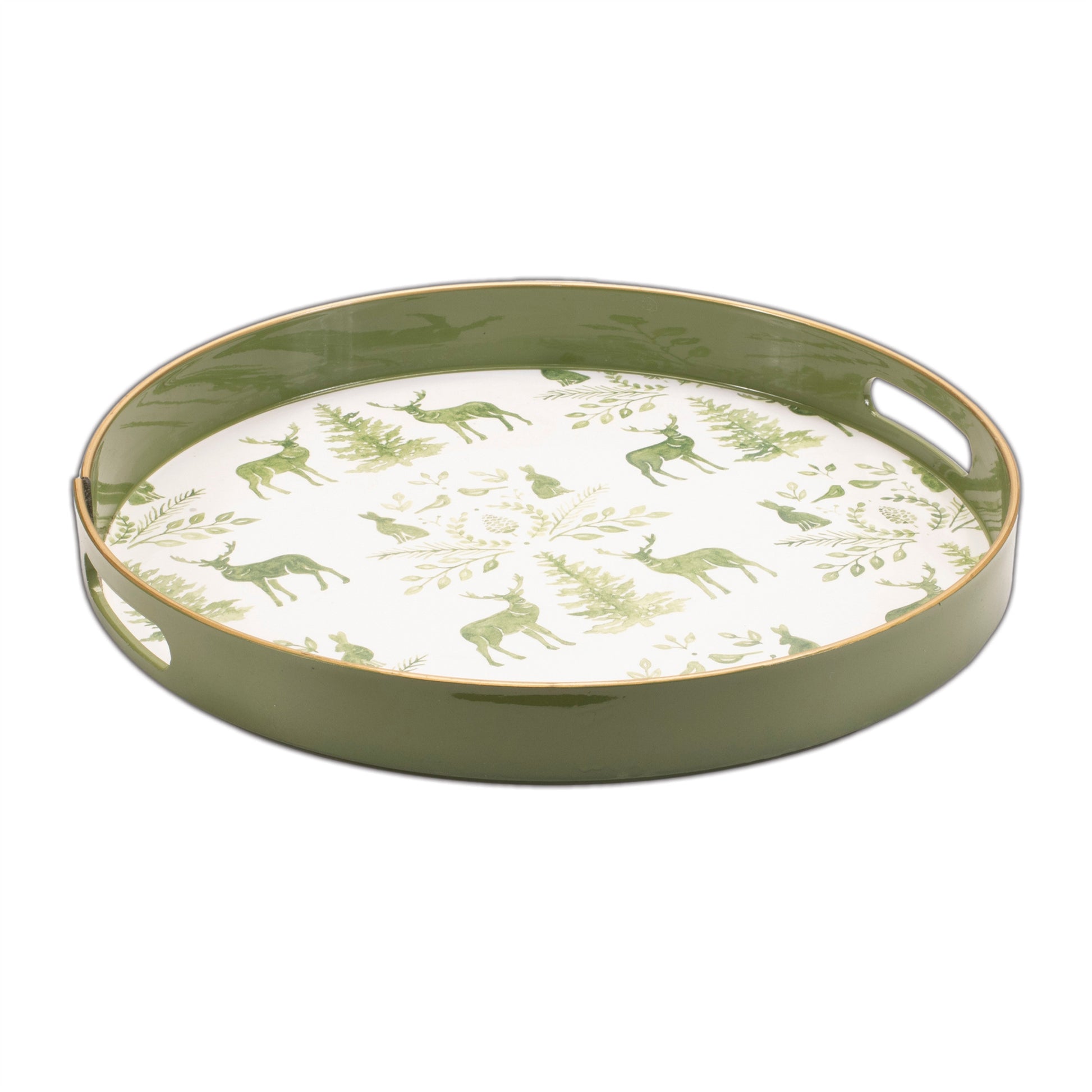 14" Green White And Gold Woodland Scene Round Serving Tray With Handles-1