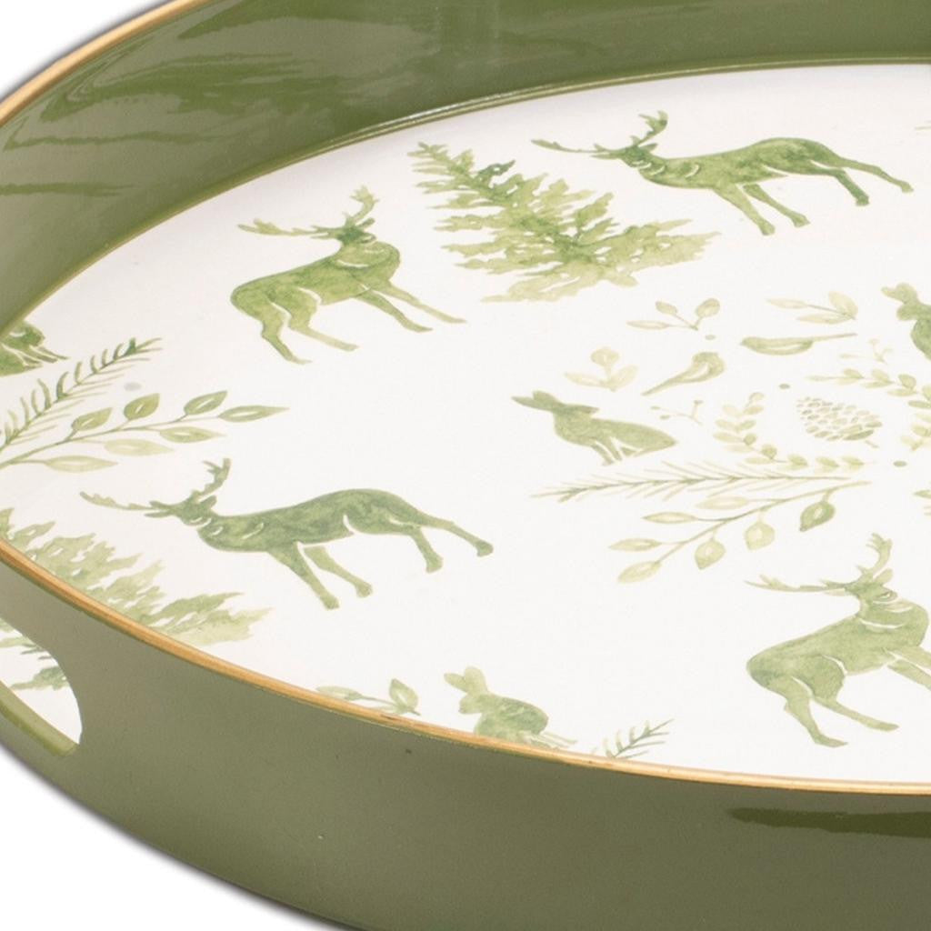 14" Green White And Gold Woodland Scene Round Serving Tray With Handles-2