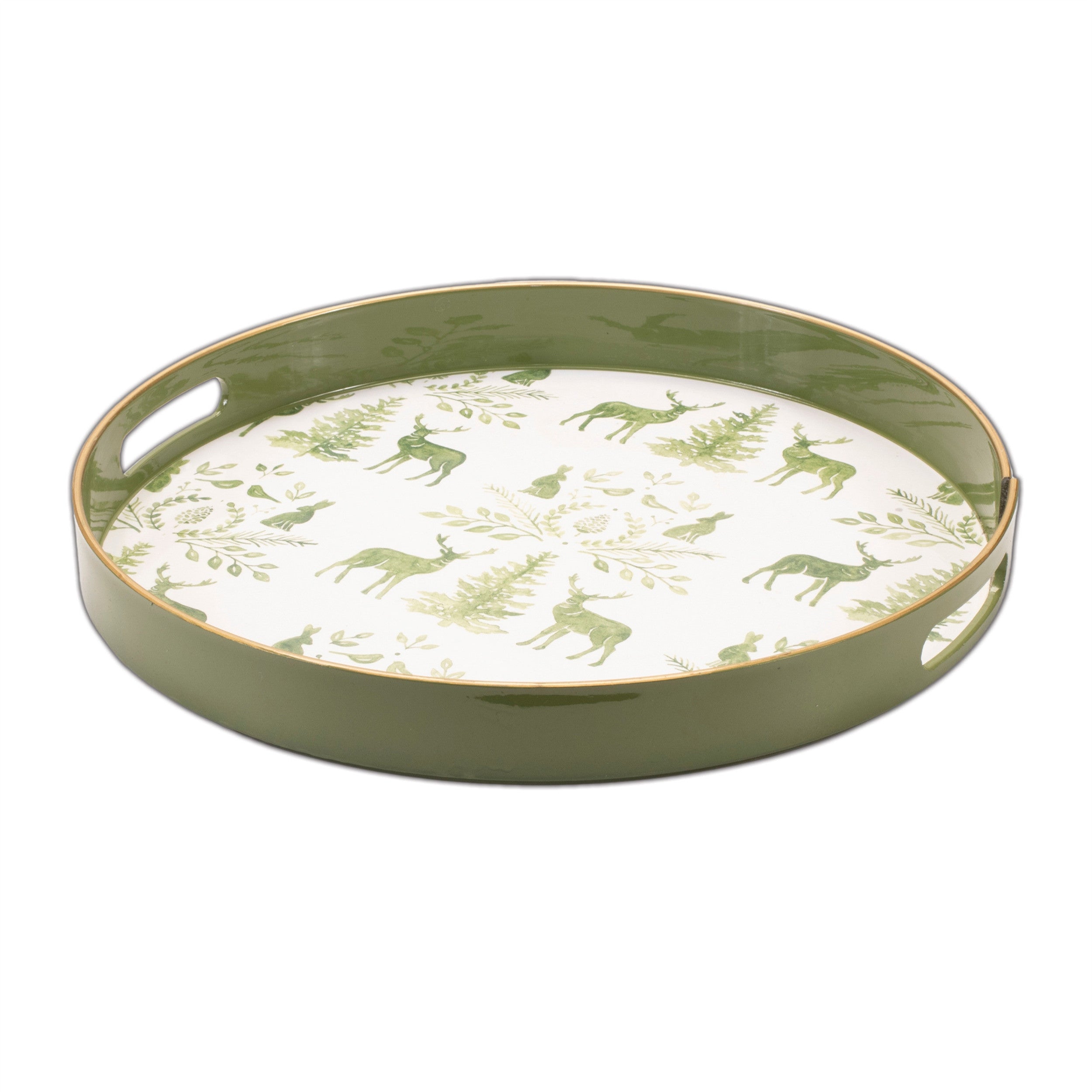 14" Green White And Gold Woodland Scene Round Serving Tray With Handles-3