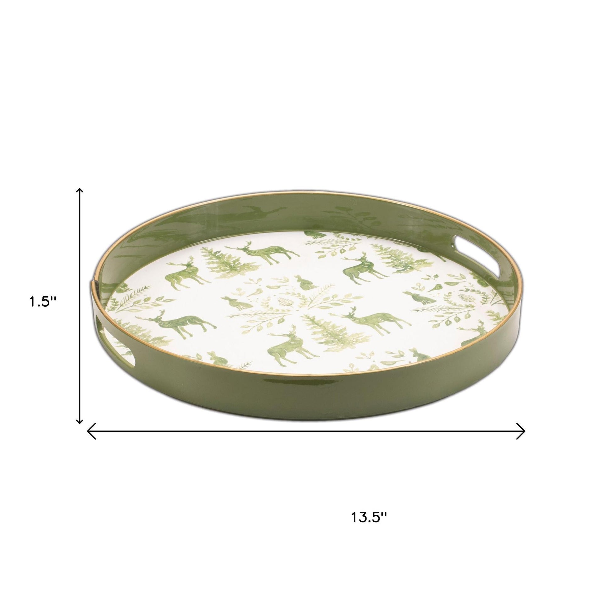 14" Green White And Gold Woodland Scene Round Serving Tray With Handles-4