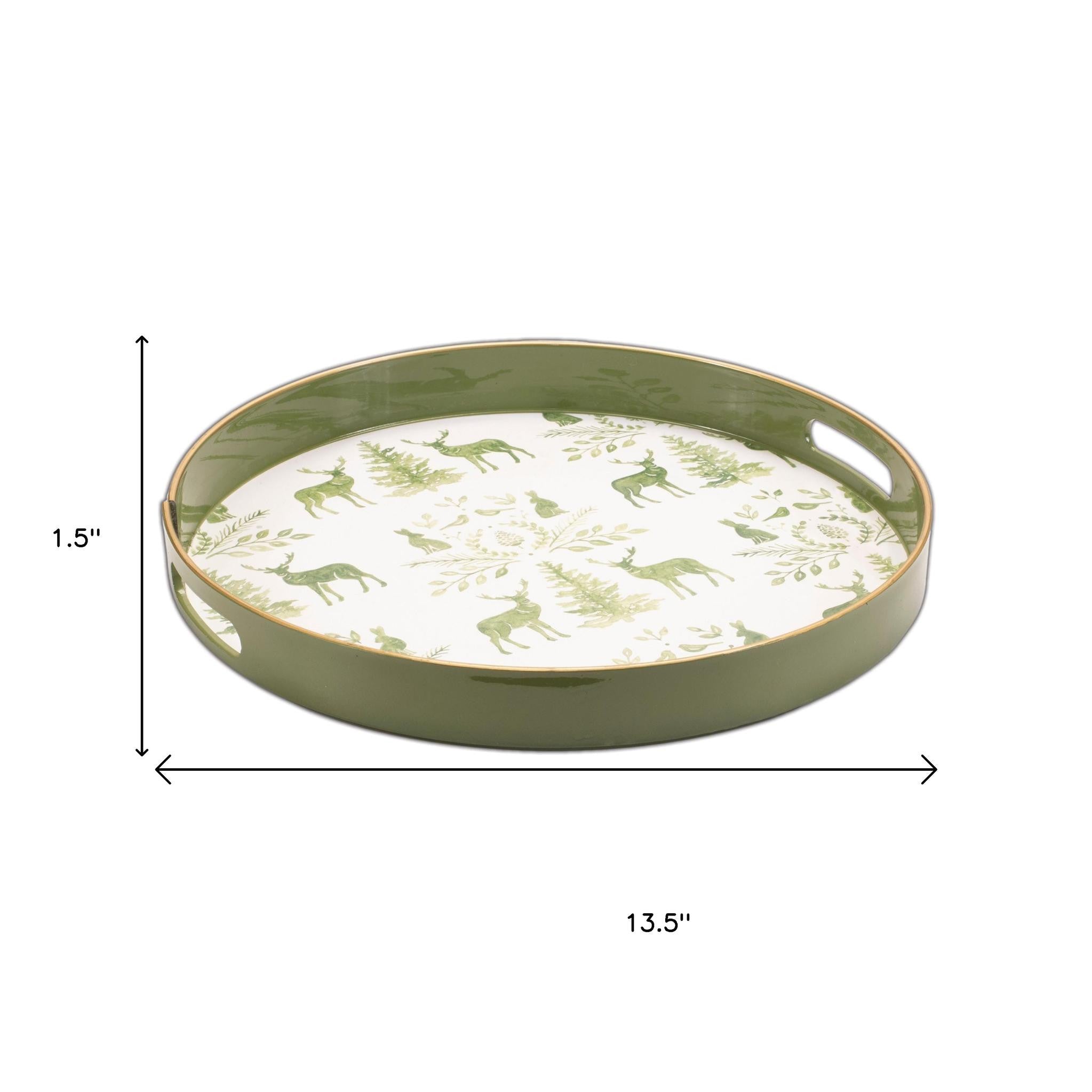 14" Green White And Gold Woodland Scene Round Serving Tray With Handles-4