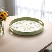 14" Green White And Gold Woodland Scene Round Serving Tray With Handles-0