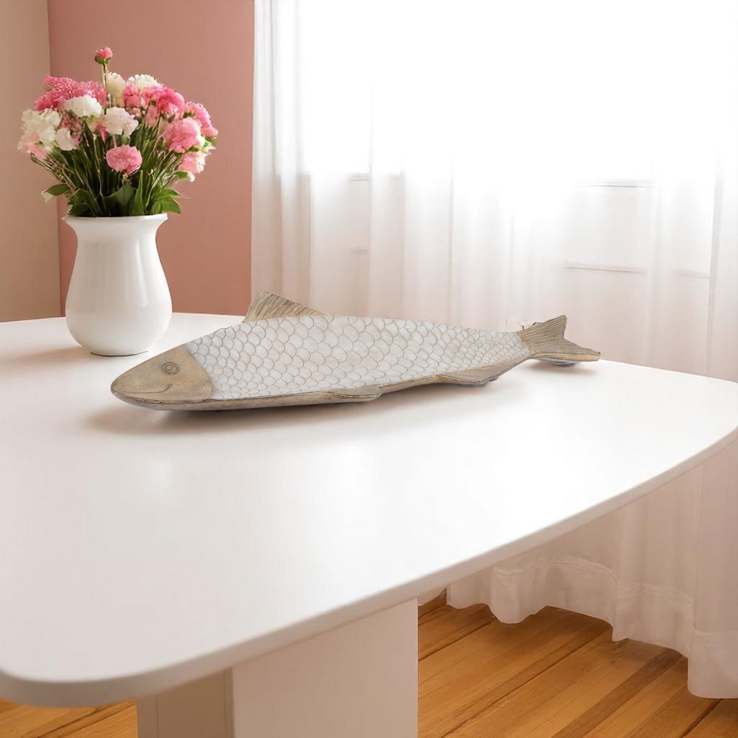 23" Brown Ceramic Etched Fish Serving Tray-0