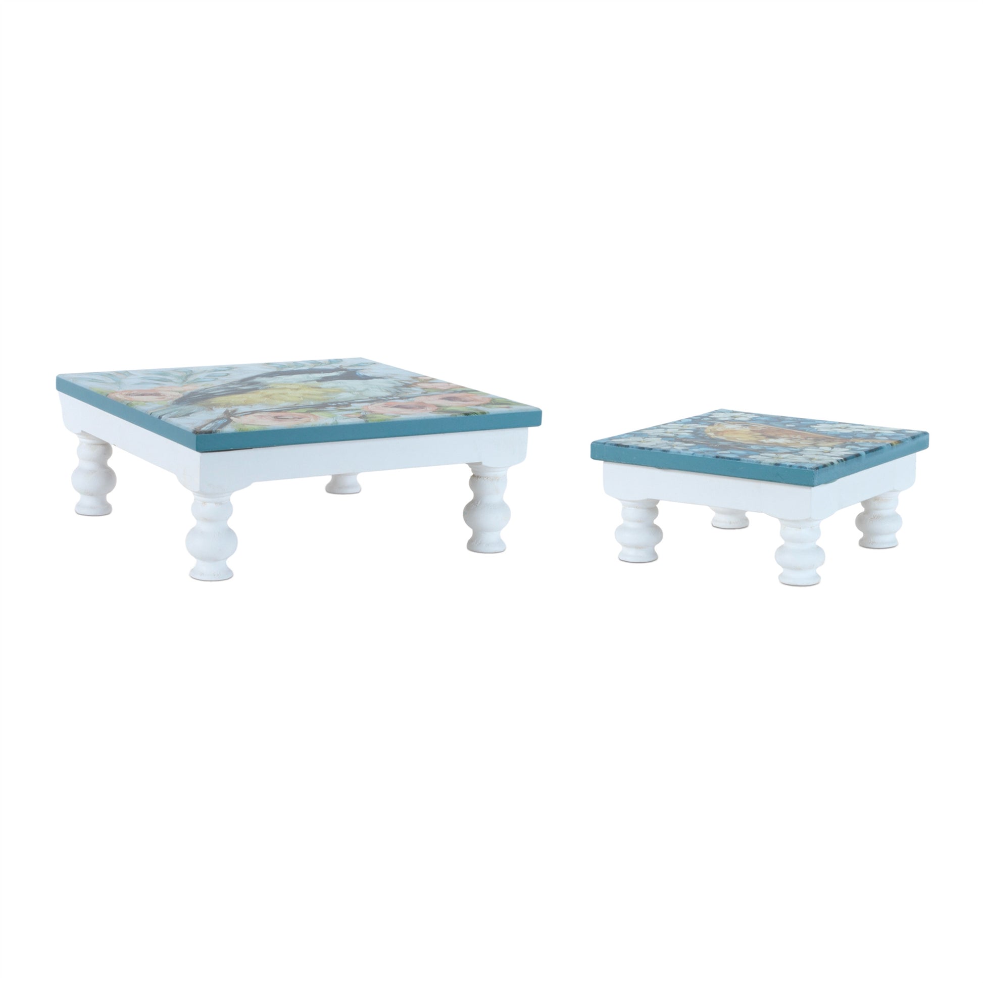 Set of Two Blue And White Solid and Manufactured Wood Floral Square Riser Tray-1