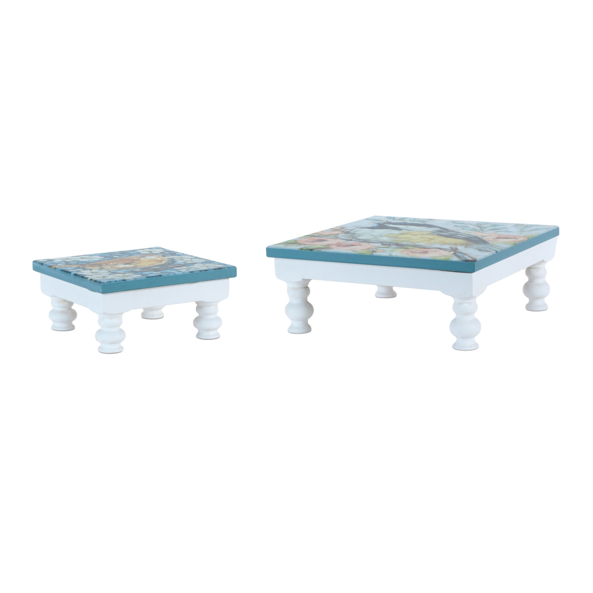 Set of Two Blue And White Solid and Manufactured Wood Floral Square Riser Tray-2