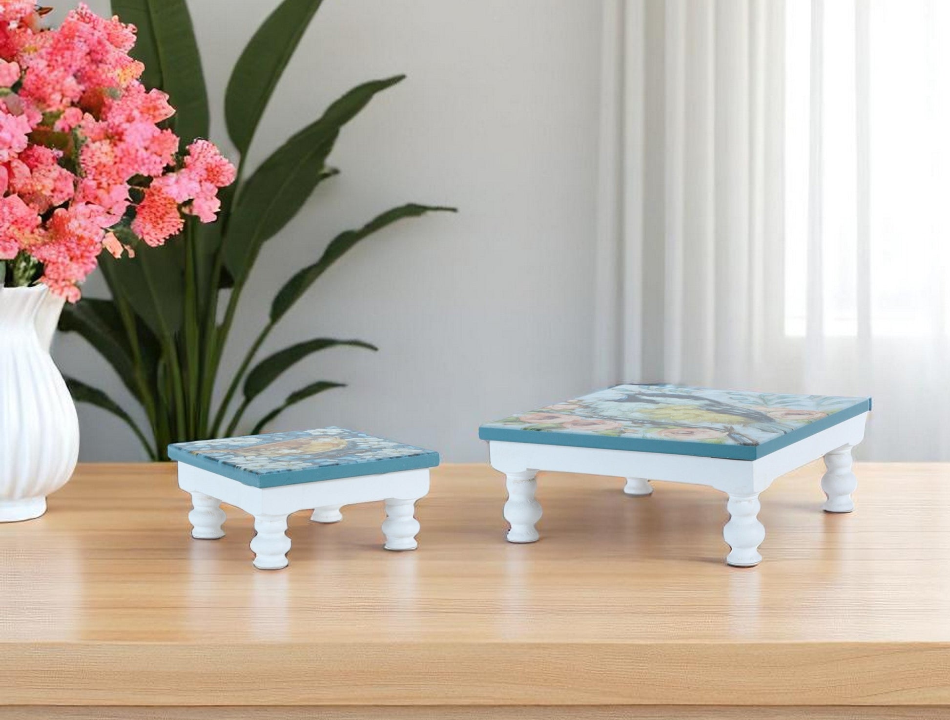 Set of Two Blue And White Solid and Manufactured Wood Floral Square Riser Tray-0