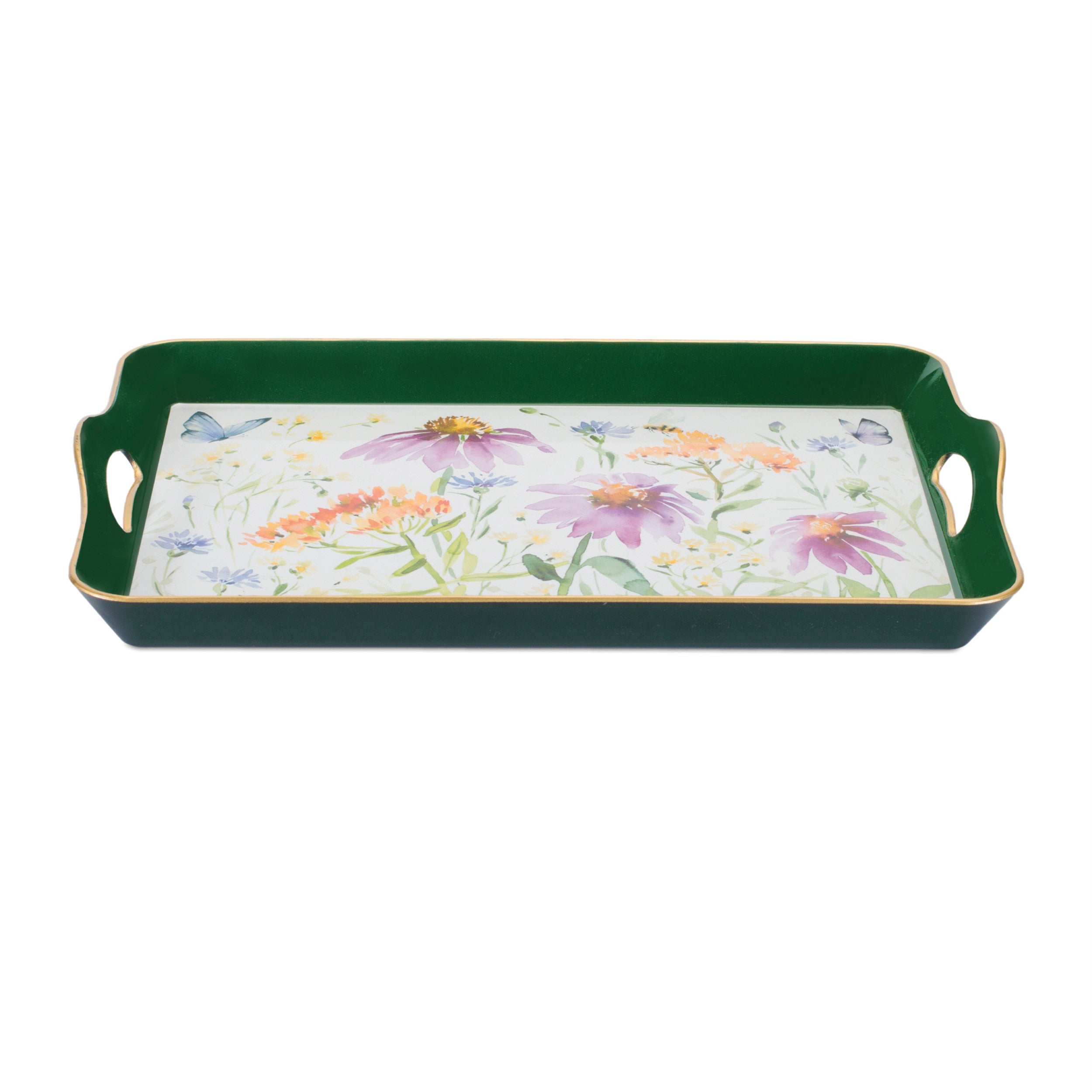 17" Green And White Watercolor Floral Serving Tray With Handles-1