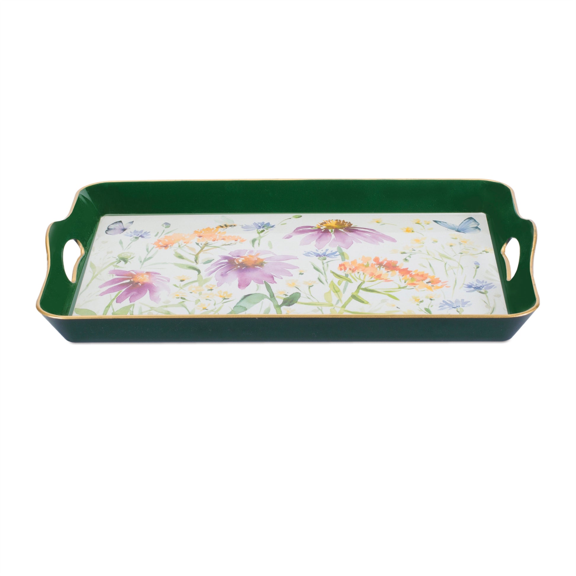 17" Green And White Watercolor Floral Serving Tray With Handles-3