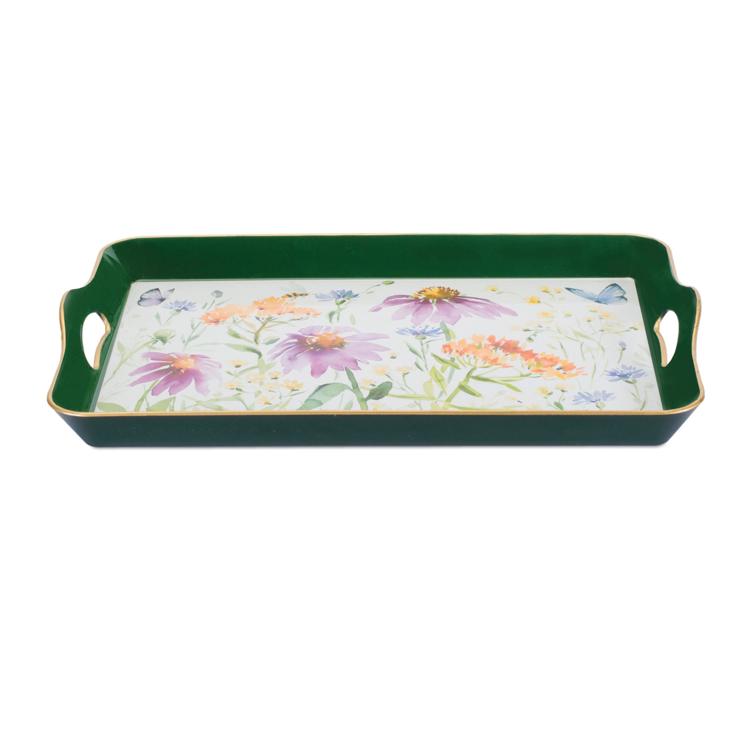 17" Green And White Watercolor Floral Serving Tray With Handles-3