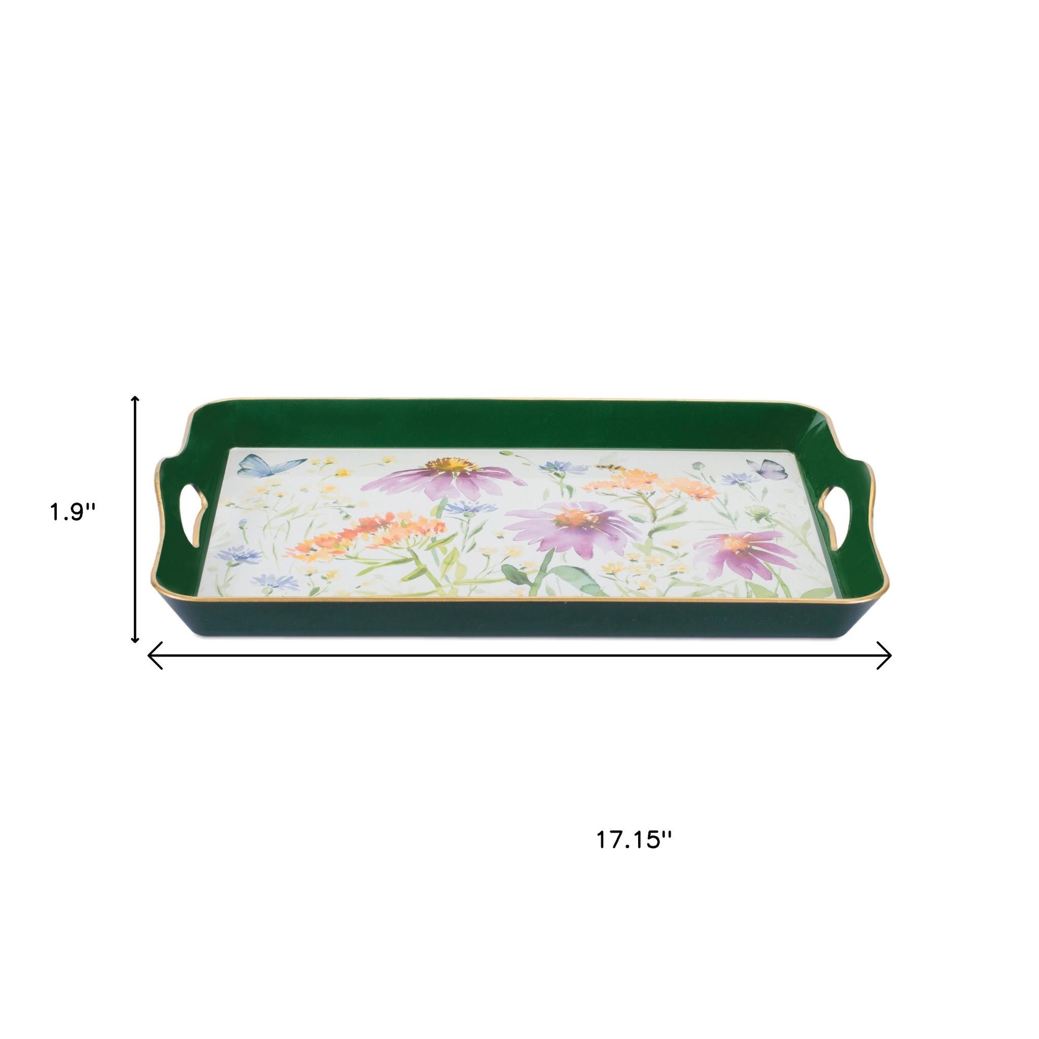 17" Green And White Watercolor Floral Serving Tray With Handles-4