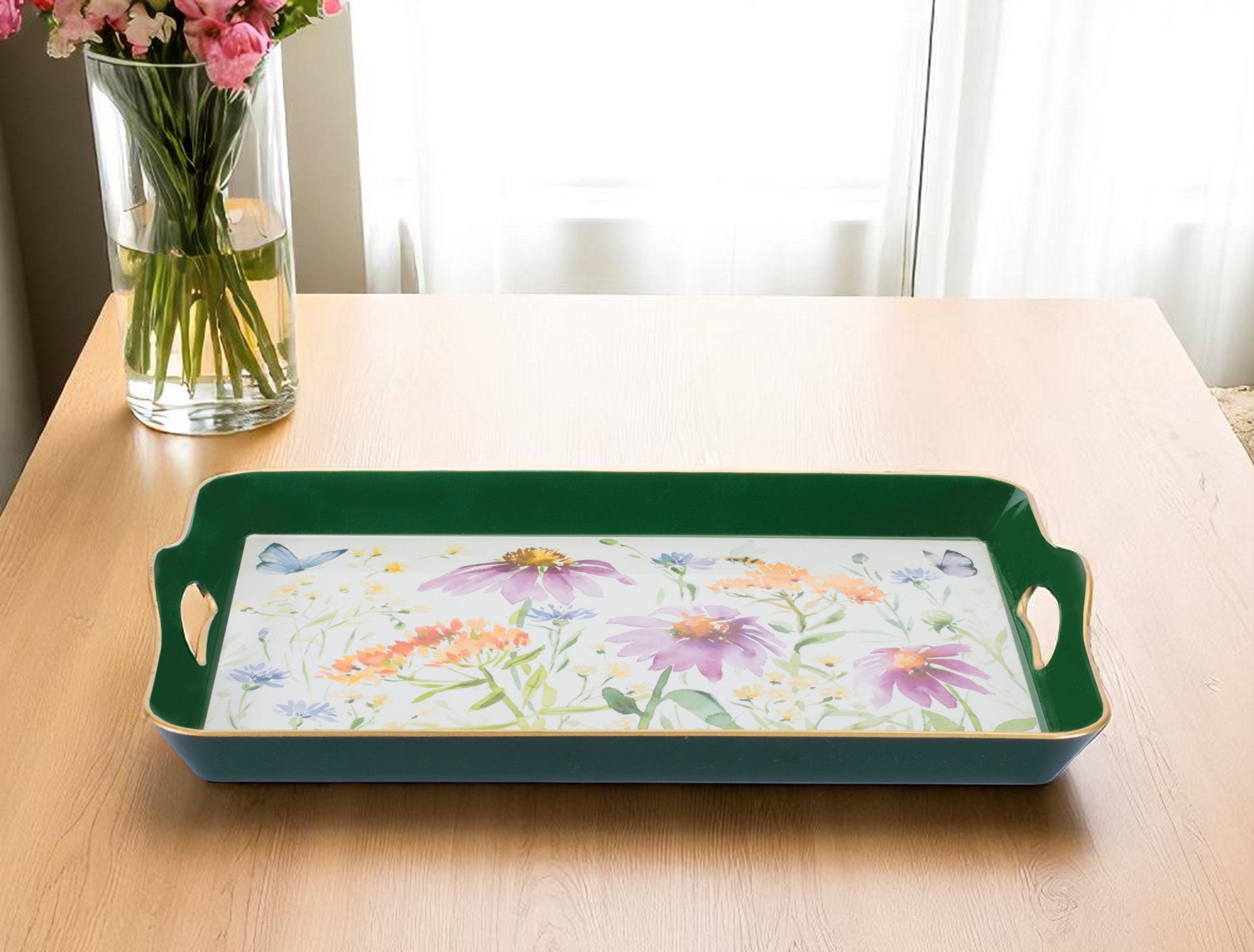 17" Green And White Watercolor Floral Serving Tray With Handles-0