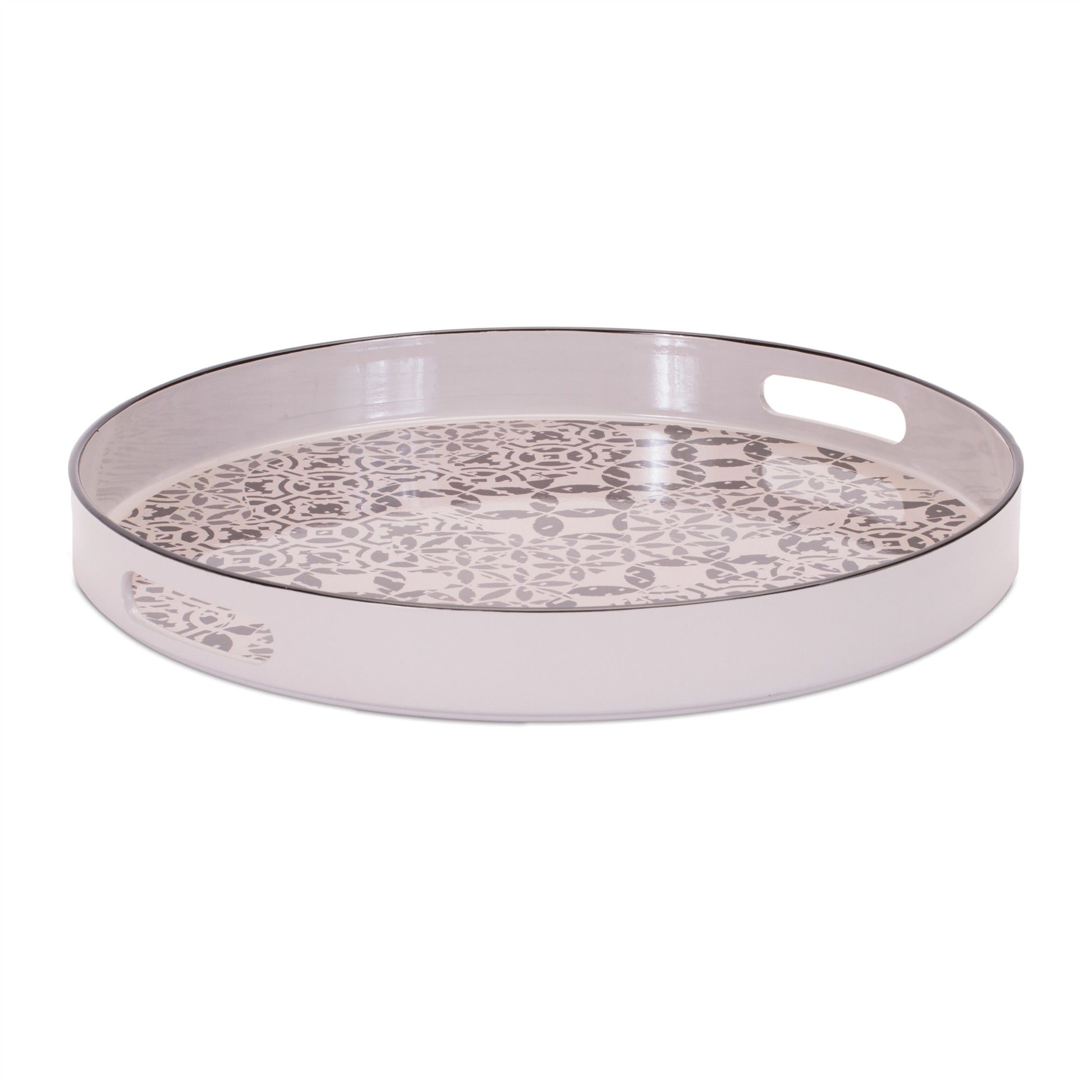 14" Cream And Gray Geometric Pad Print Round Serving Tray With Handles-1