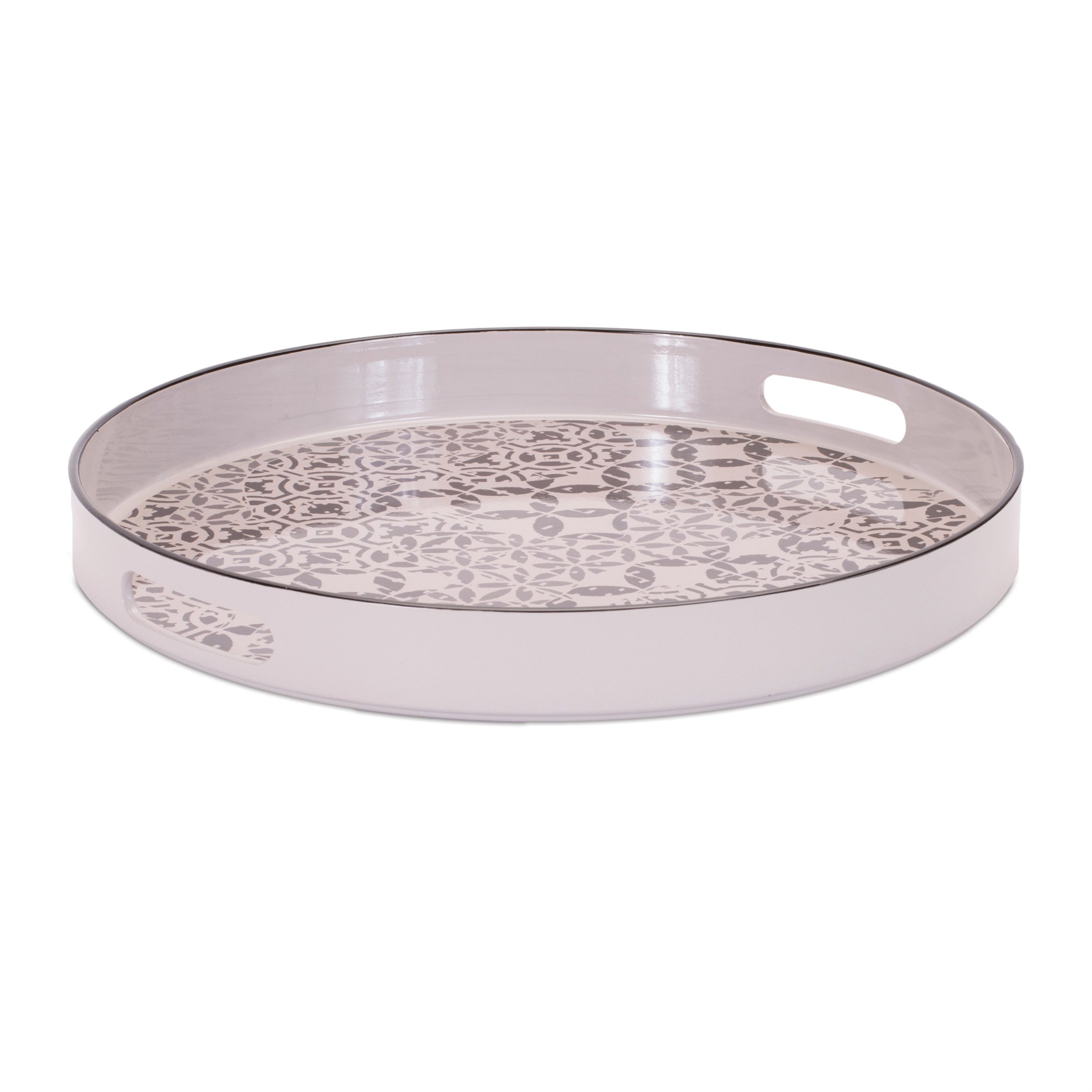 14" Cream And Gray Geometric Pad Print Round Serving Tray With Handles-1