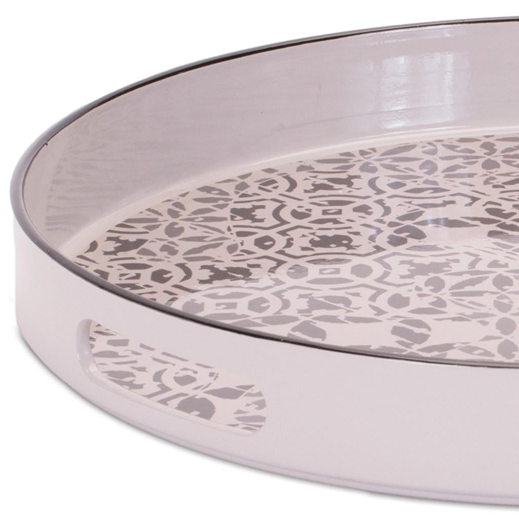 14" Cream And Gray Geometric Pad Print Round Serving Tray With Handles-2